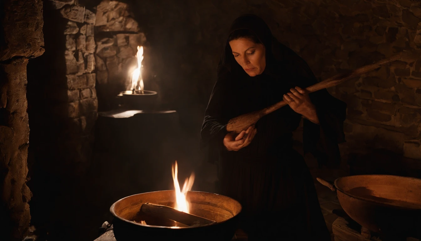 Em uma noite de lua cheia, in a room lit only by the soft silvery light shining through a tall, narrow window, A powerful witch stands before a cast-iron cauldron. She wears a long, dark robe adorned with mystical symbols, And on the top of your head, ela usa um chapeu pontudo, Characteristic of witches. Os cabelos da bruxa caem em cachos prateados sobre seus ombros, And your eyes sparkle with a magical intensity. In one of your hands, ela segura uma varinha de madeira entalhada, That she skilfully shakes over the cauldron. The liquid inside the cauldron begins to bubble and emit an ethereal light, Creating a bewitched atmosphere in the room.