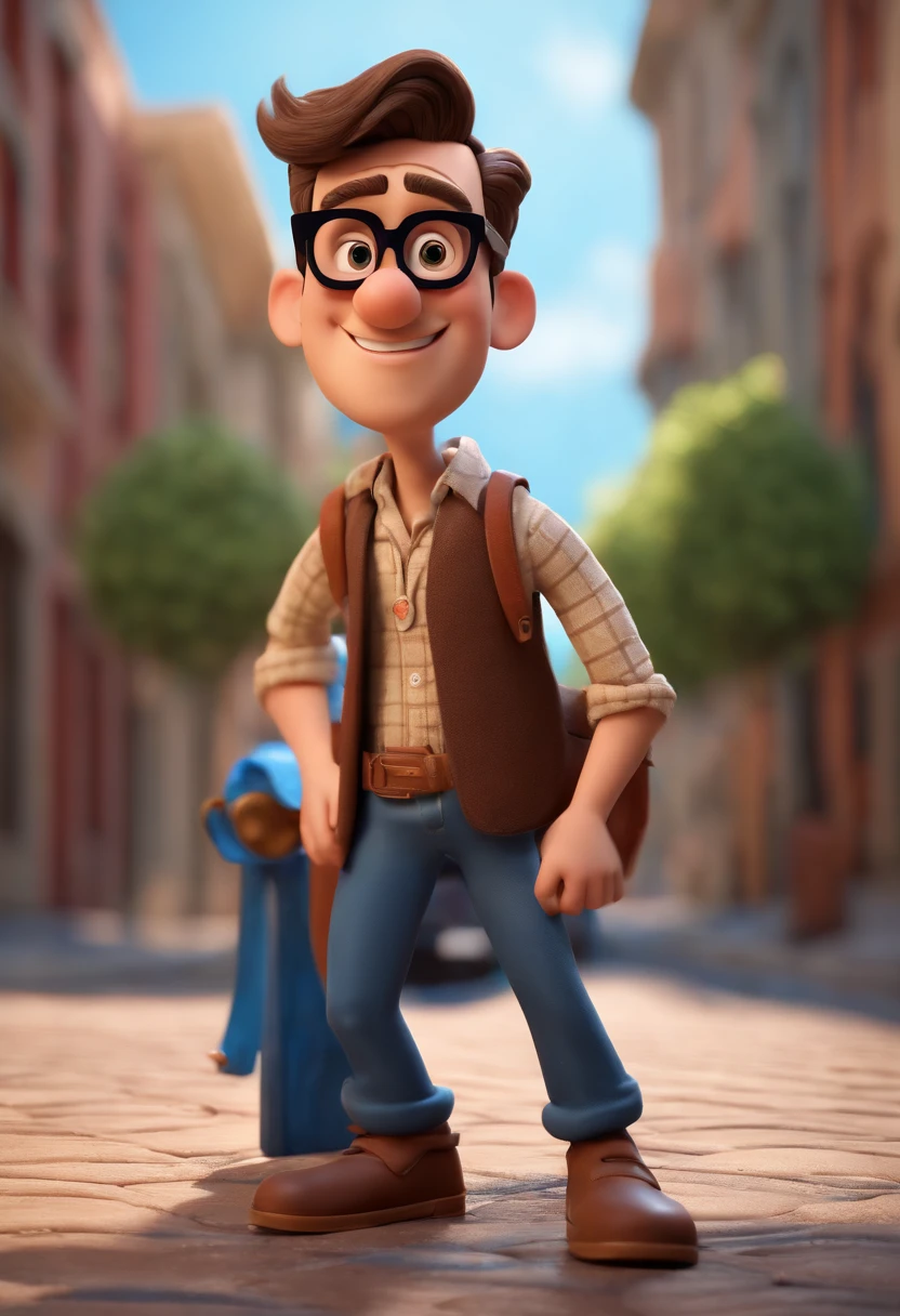 Cartoon character of a man with black glasses, cabelo cacheado marrom escuro e uma camisa azul, animation character, Caractere estilizado, animation style rendering, 3D estilizado, Arnold Maya render, 3 d render stylized, toon render keyshot, Personagem 3D, Personagem 3D, 3d rendering stylized, 3 d character render, personagem de desenho animado, Personagem de close up, Pose de personagem, (Estilo Pixar) (master part:1.2) (Bokeh) (best quality) (pele detalhada) (textura detalhada) (8k) (argila) (Cinematic lighting) (foco nítido