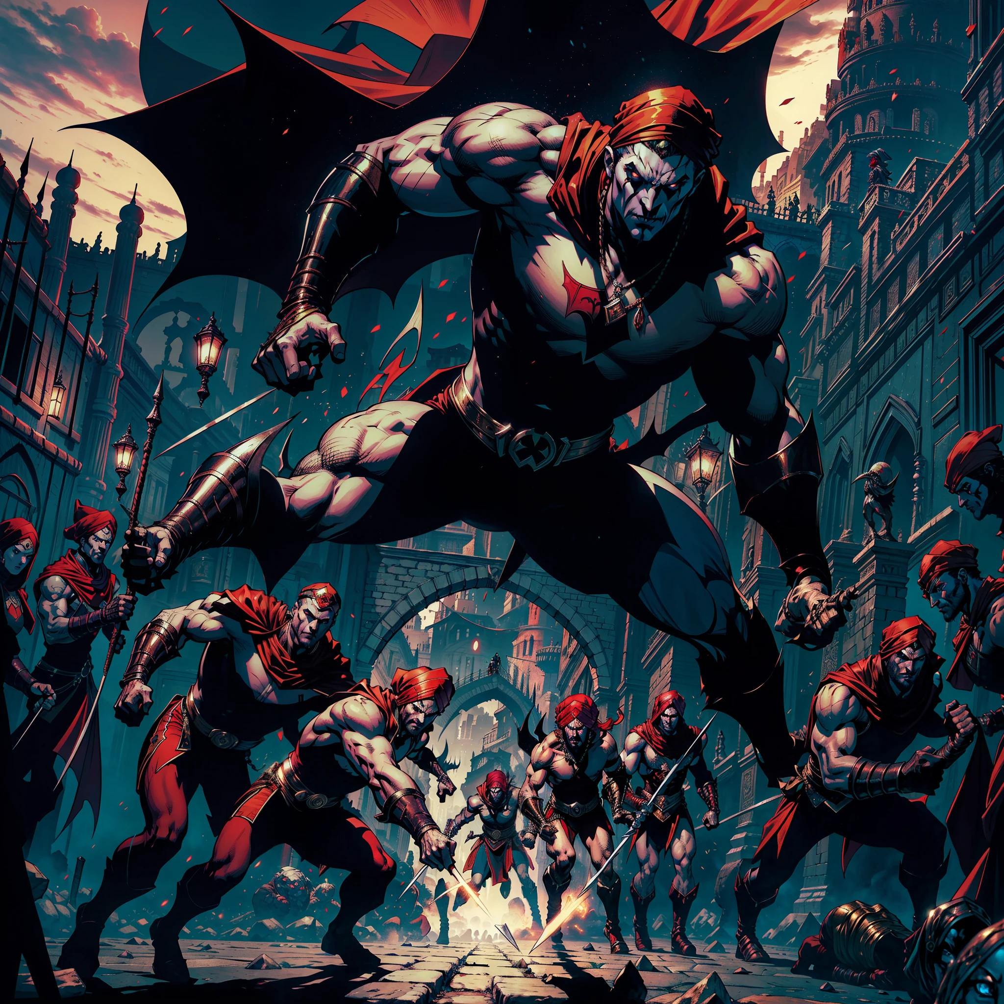 Castlevania lord of the shadows hyper realistic super detailed Dynamic shot master piece of evil moroccan Lord Dracula with red turban leading troops army of demons and djinns to battle sharp details