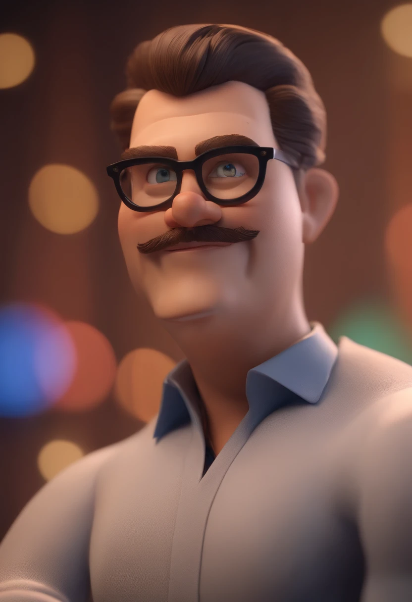 Cartoon character of a man wearing black glasses and a blue shirt, um personagem animado, Caractere estilizado, animation style rendering, 3D estilizado, Arnold Maya render, 3 d render stylized, toon render keyshot, Personagem 3D, Personagem 3D, 3d rendering stylized, 3 d character render, personagem de desenho animado, Personagem de close up, Pose de personagem, (Estilo Pixar) (master part:1.2) (Bokeh) (best quality) (pele detalhada) (textura detalhada) (8k) (argila) (Cinematic lighting) (foco nítido，Senta e vaza a parte superior do corpo