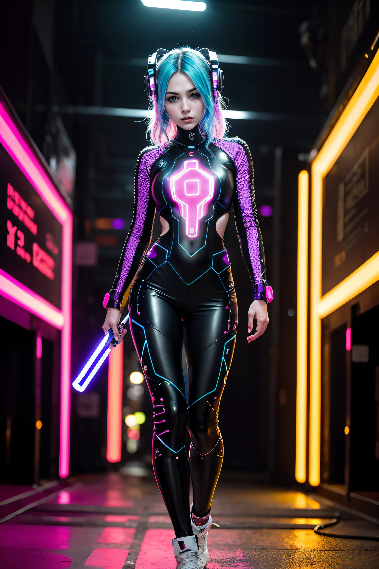 (((erected, Studio portrait of a milf with bleached blonde hair, small breasts, lipstick, makeup, neon blue latex (((((Transparent skirt))))), ((((neon red transparent latex bra)))), pink high heels, Standing, seductive, Happy, well lit, Pink photo studio