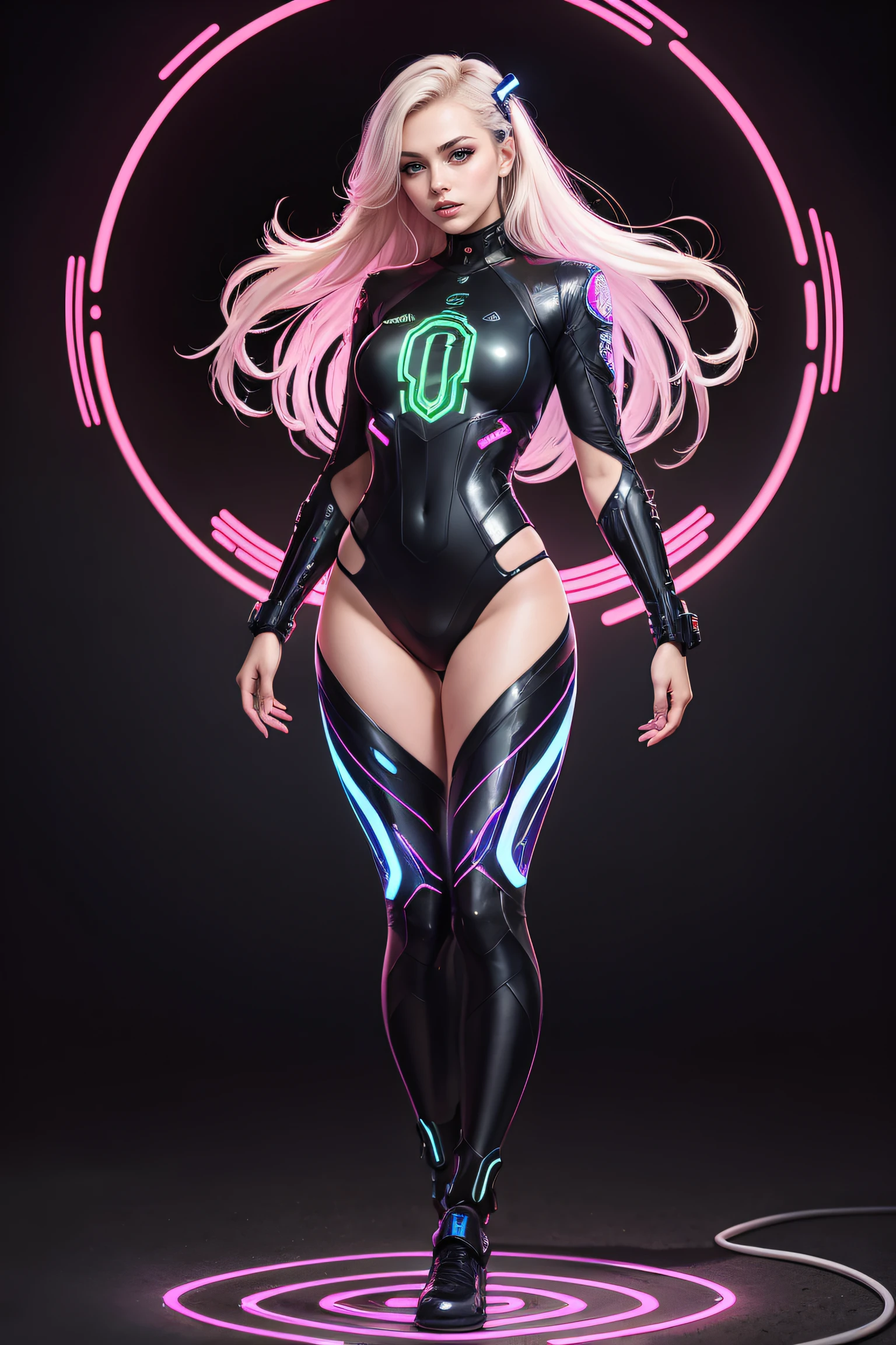 high quality, 8K Ultra HD, full body, have a cyber saber, a mesmerizing 20-year-old woman with a futuristic beauty that seems to transcend time and space, intricately woven into her very being, encased in the cybernetic suit, move with fluidity and precision, Her flowing hair resembles streams of neon lights, casting a vibrant glow that adds a touch of cyberpunk brilliance to her appearance, Each strand of hair is meticulously crafted with holographic patterns that shimmer and shift, creating an ever-changing display of colors, by yukisakura, highly detailed,