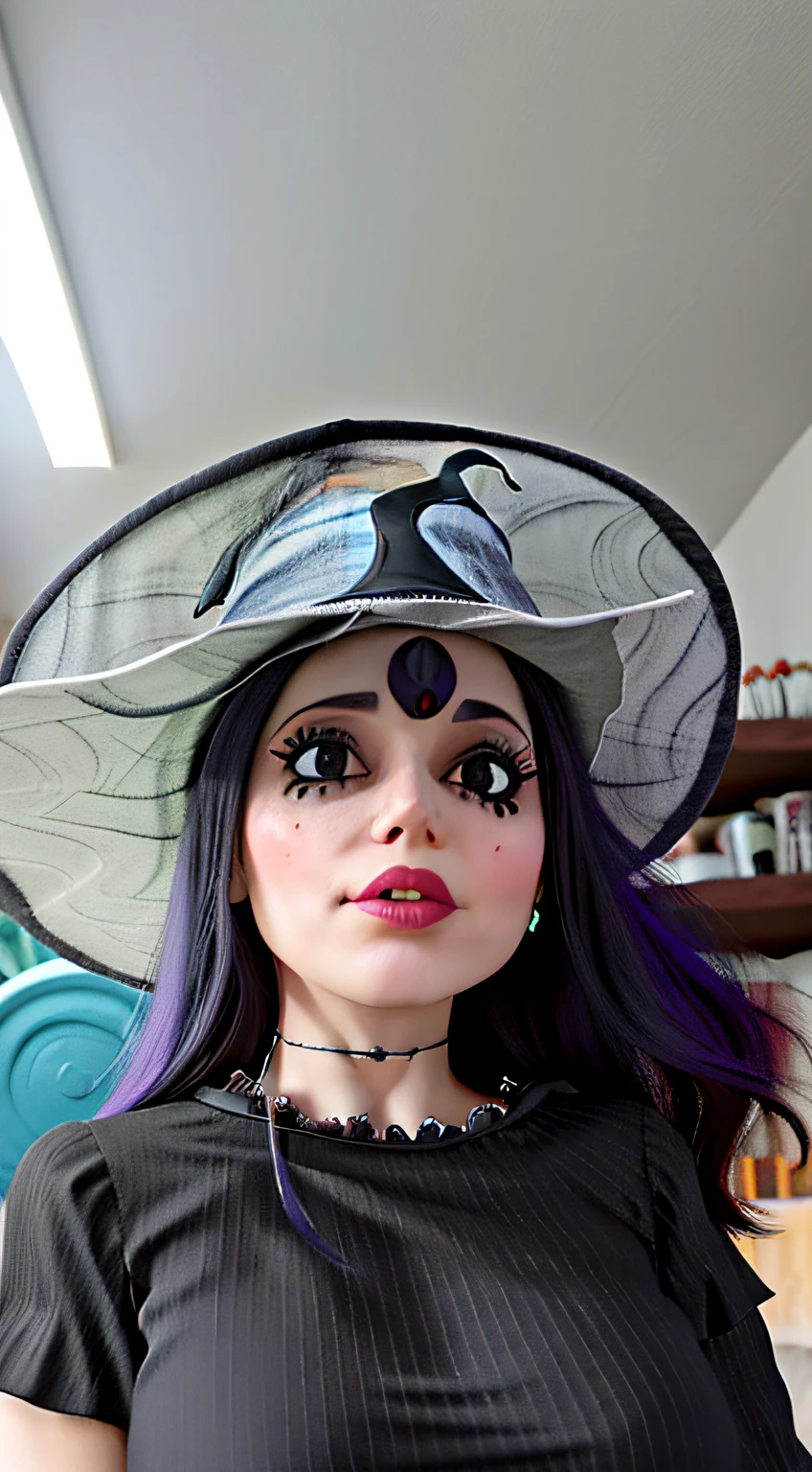 mulher arafed usando uma coroa e um vestido preto, wearing a witch's hat, wearing black witch hat, Witchy, cocar de bruxa escura, witch hat, wearing a grey wizard hat, with a weird hat, black witch hat, wearing a wizard hat, classical witch, bruxa, Em um estilo de Halloween, witch hat, mulher bruxa, Retrato de uma bruxa