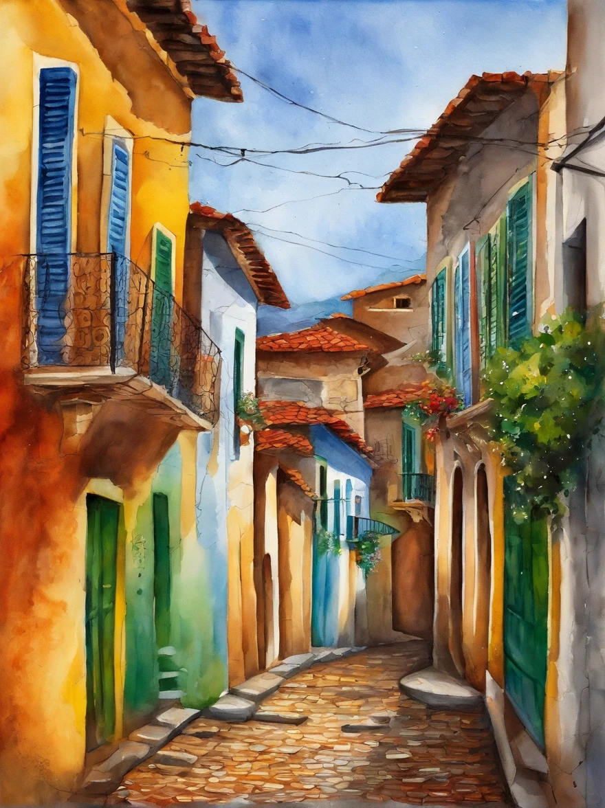 moderno, linhas de velocidade, ponto de fuga, UHD, obra prima, altos detalhes,There's a Paraty-style street, Rio de Janeiro, Brazil, na movimentada cidade,The wires are sandwiched between the houses on either side,Stone bricks of different sizes are paved along the way,The sides are lined with greenery。It's only rained here,Puddles are scattered everywhere,The sky is grey,nada,Tudo parecia particularmente caseiro, estilo abstrato