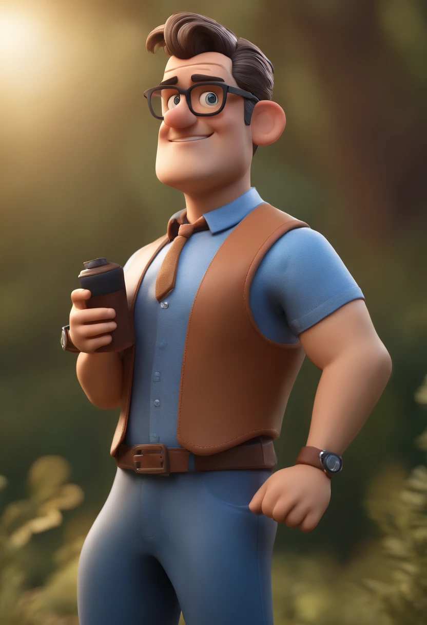 Cartoon character of a man with black glasses, cabelo cacheado marrom escuro e uma camisa azul, animation character, Caractere estilizado, animation style rendering, 3D estilizado, Arnold Maya render, 3 d render stylized, toon render keyshot, Personagem 3D, Personagem 3D, 3d rendering stylized, 3 d character render, personagem de desenho animado, Personagem de close up, Pose de personagem, (Estilo Pixar) (master part:1.2) (Bokeh) (best quality) (pele detalhada) (textura detalhada) (8k) (argila) (Cinematic lighting) (foco nítido