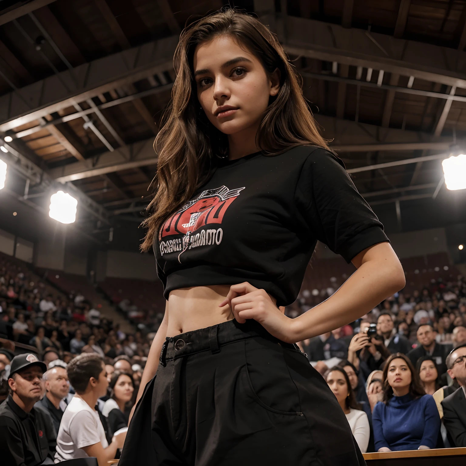Mulher branca jovem rosto redondo seios grandes palco e microfone roupa preta