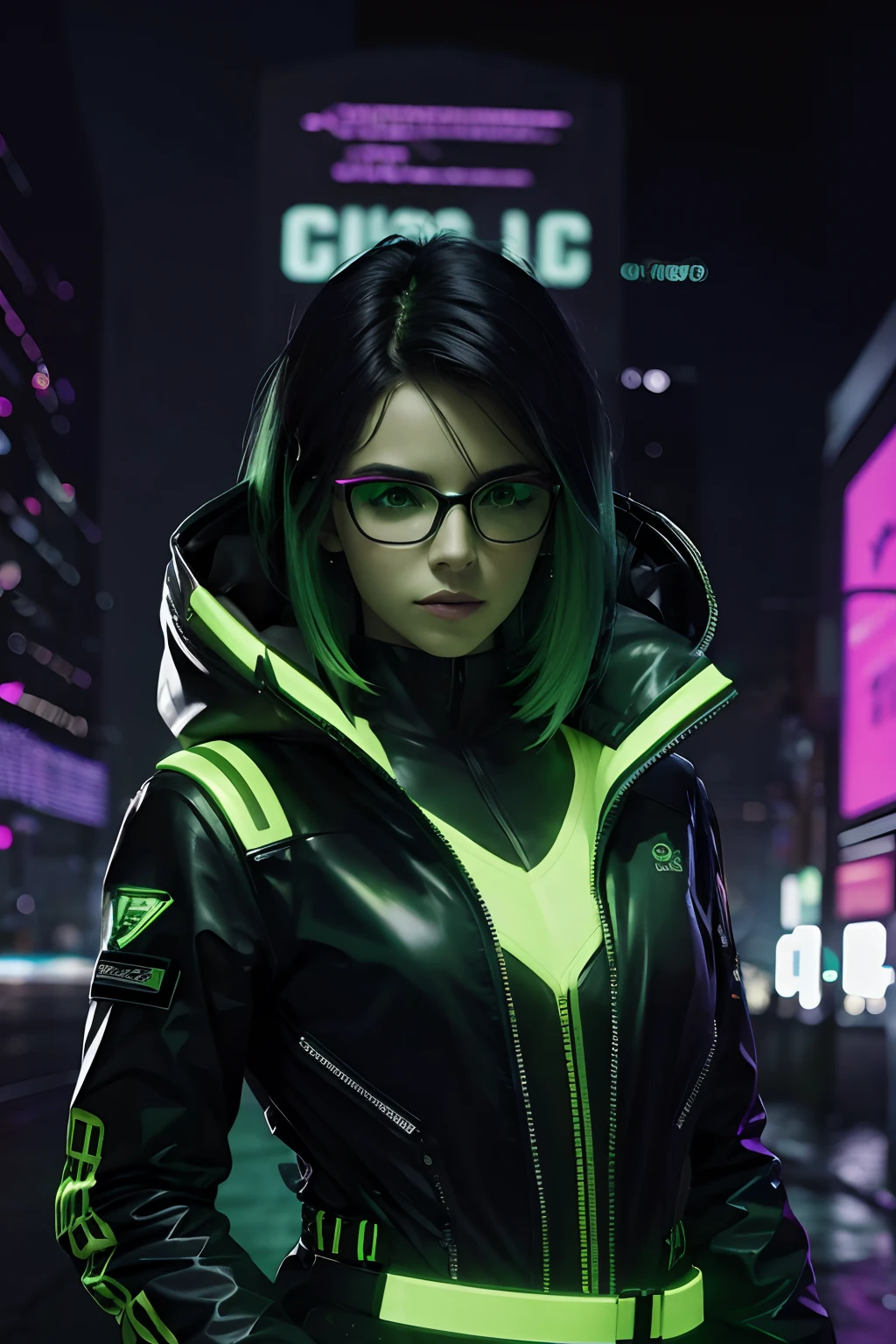 Mulher intelectual utilizando uma jaqueta verde neon futurista, cyber background, cabelos castanhos curtos, estilo cyberpunk visto da cinta para cima, Foto realista, 8k, 4k, extreme res, ultra high-resolution, dynamic lighting