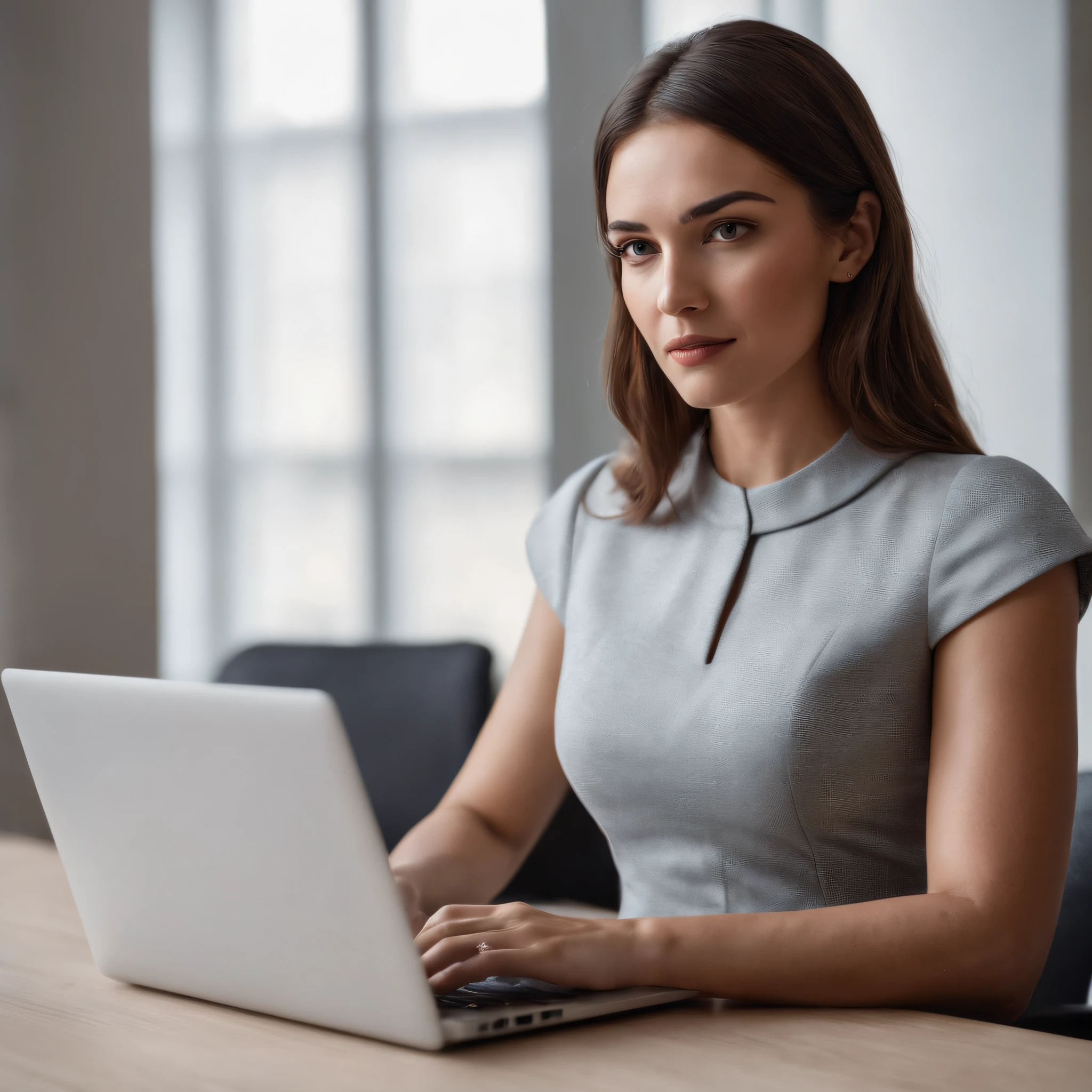 Beautiful and focused businesswoman typing on her laptop at a modern office desk, exudando confianza y profesionalismo.