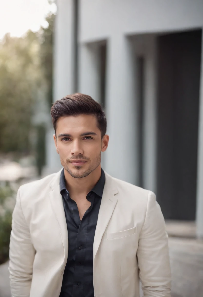 Portrait of a handsome man 30 years old cinematic looking oval face、Camisa blanca y chaqueta con cuello、Looking at the camera, hispanic, sonriente, alegre, cabello ?????, Working as a Designer,sentado ,con computador