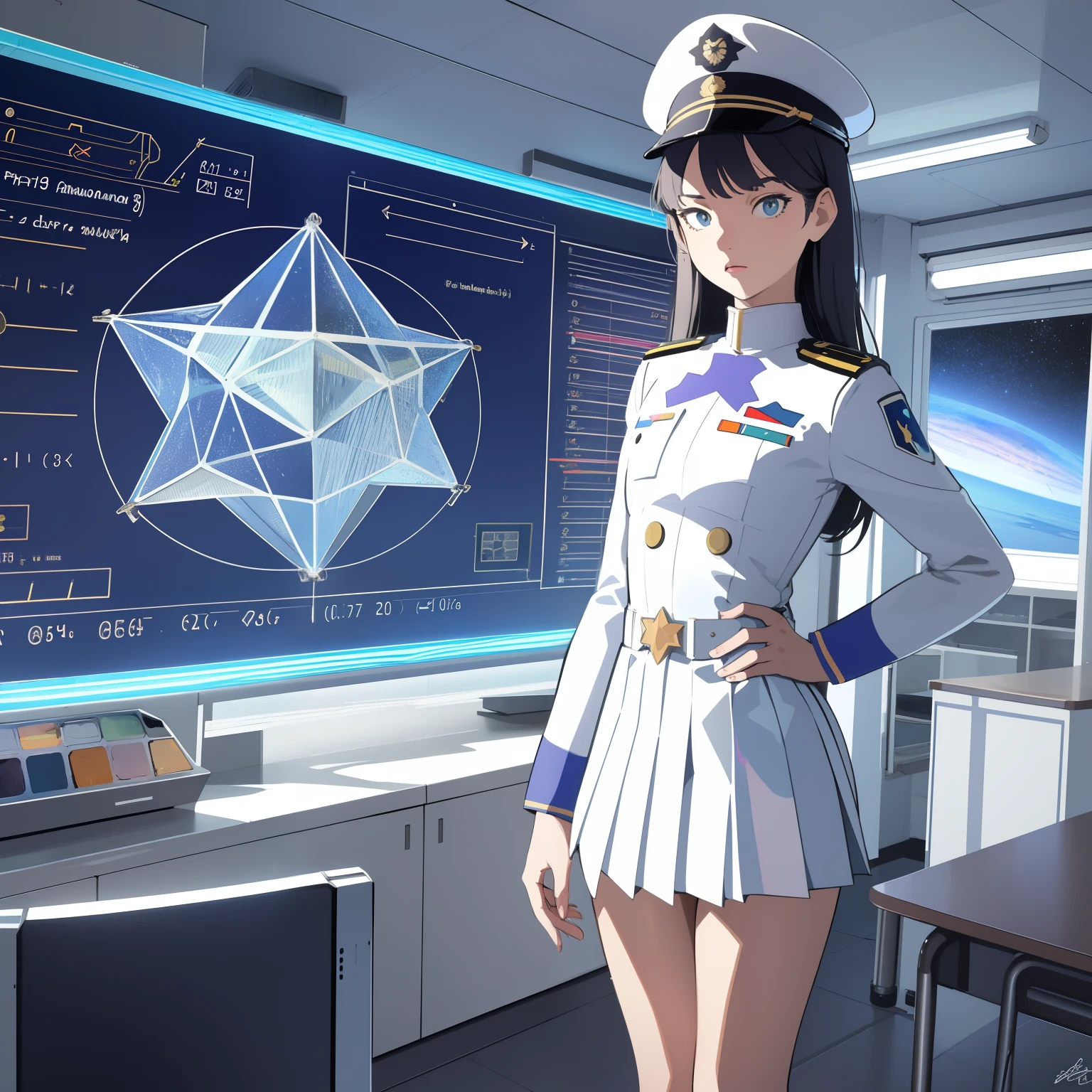 superflat, flat shading, flat colors, (masterpiece:1.2, best quality), (closeup), 1girl, teen girl, white space cadet uniform, military hat, short pleated skirt, serious, standing by holographic board displaying math shapes, classroom, spaceship interiors, sci-fi, cosmos outside window, watercolor