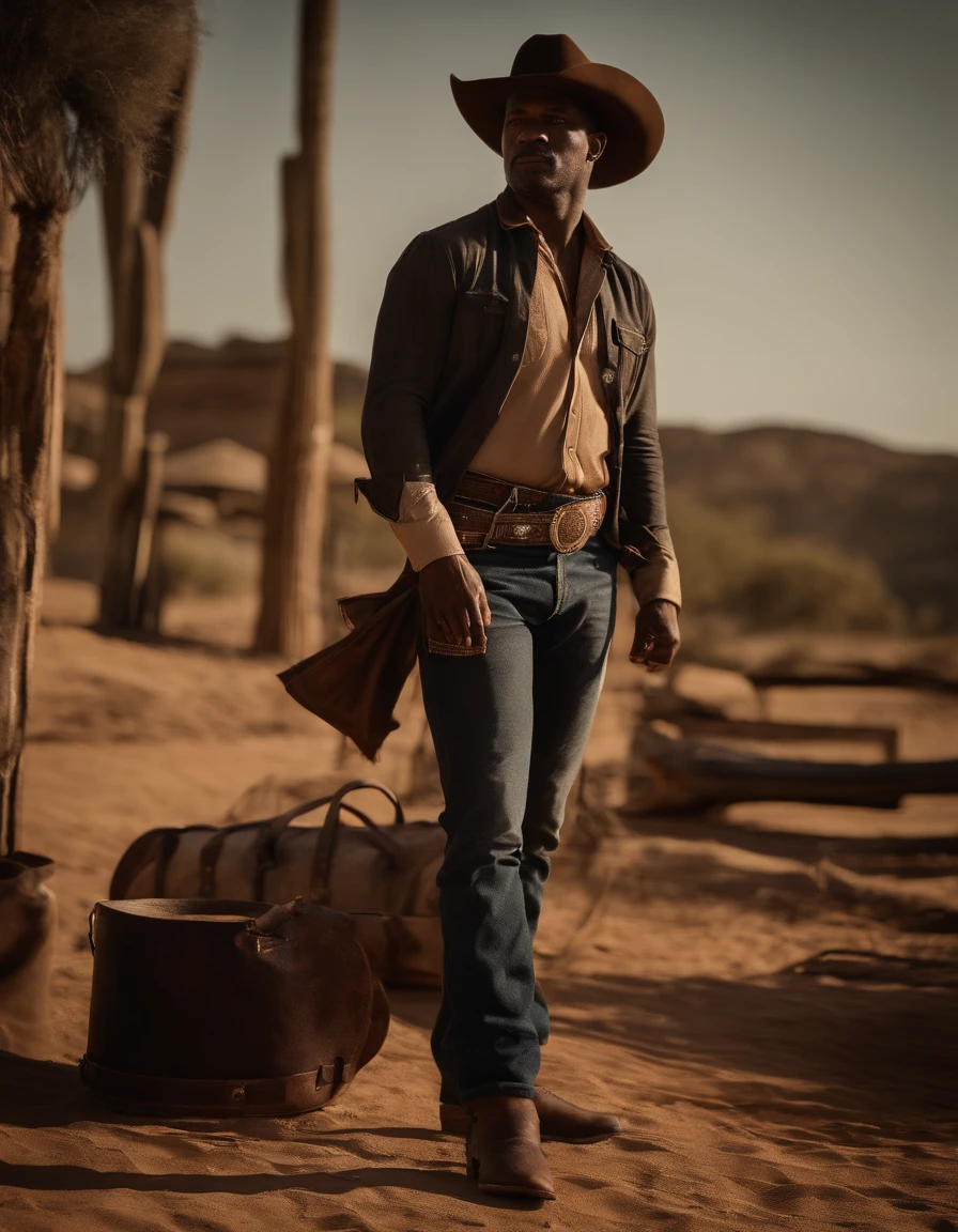 cinematic portrayal, ((parte superior do corpo)), facing the audience, (realidade :1.3), Foto de arte mais bonita do mundo, A man looks at the camera, Looks jeans vintage, Cowboy africano, rosto bonito detalhado, action shot, (intrincado :1.4), Fundo ocidental, fotografia realista, Durante o dia, CG, Stand de Arte