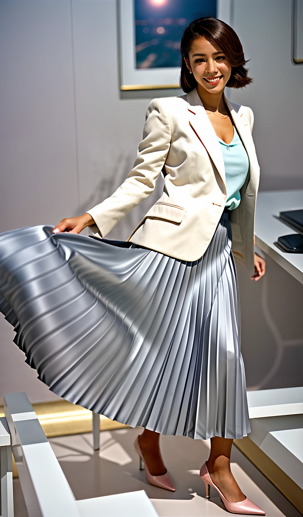 (shy:1,2) (smiling;1,1) woman playing with skirt, dancing, wearing short blazer and very very detailed (long (fully pleated) full circle skirt) and (simple) low heeled office shoes, very very intricate hyper-detailed symmetric (attractive graceful young feminine face) with (sad, tired eyes and a shy smile), large breasts, full of empathy and compassion and love, (pronounced (feminine) features), (highly detailed ultra accurate realistic) hands and fingers, (windy conditions and wind blowing), epic composition, highly detailed attributes, highly detailed space station background, (35mm f1.4 Kodak portra 400 photograph), extremely high quality RAW photograph,