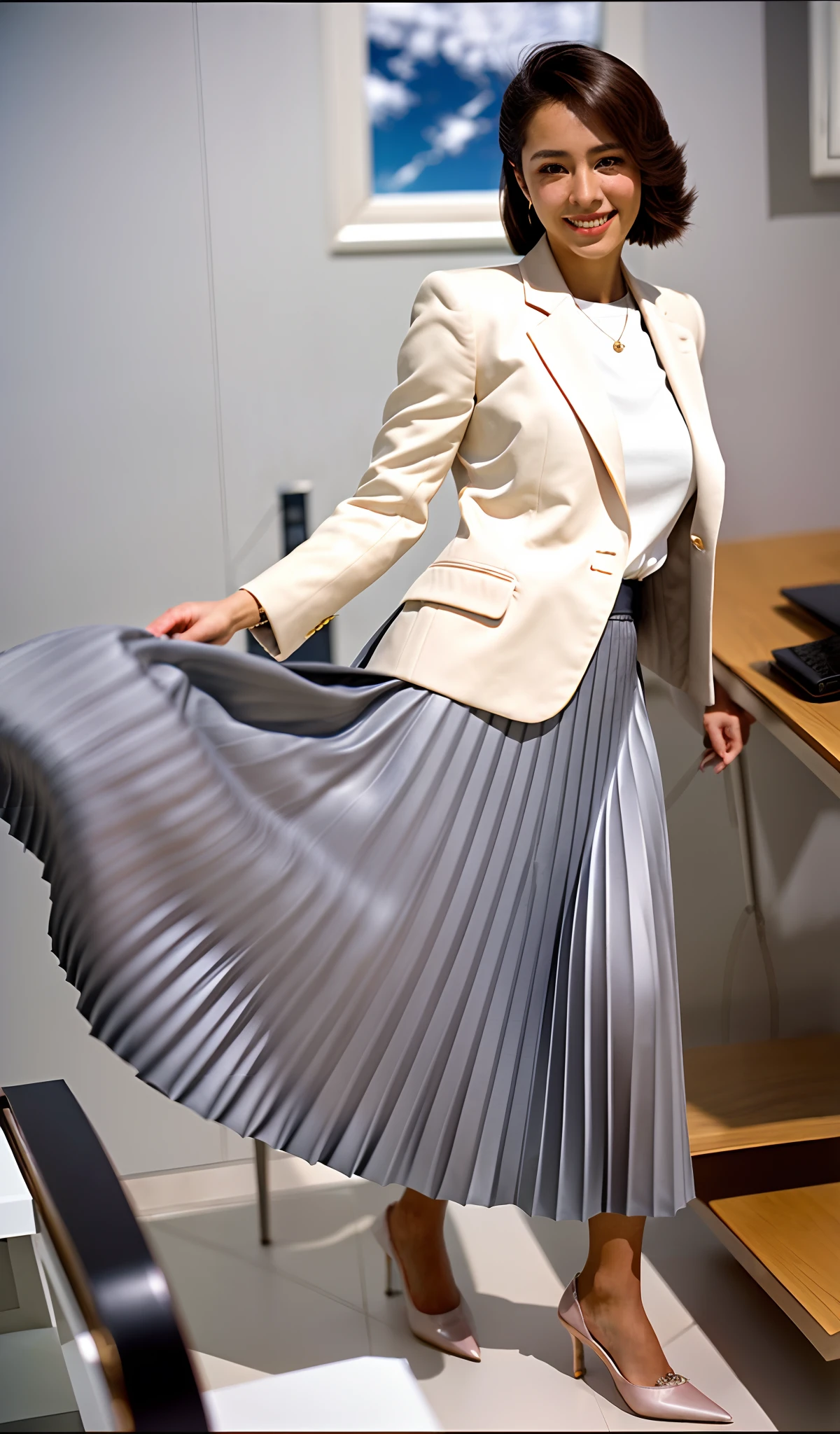 (shy:1,2) (smiling;1,1) woman playing with skirt, dancing, wearing short blazer and very very detailed (long (fully pleated) full circle skirt) and (simple) low heeled office shoes, very very intricate hyper-detailed symmetric (attractive graceful young feminine face) with (sad, tired eyes and a shy smile), large breasts, full of empathy and compassion and love, (pronounced (feminine) features), (highly detailed ultra accurate realistic) hands and fingers, (windy conditions and wind blowing), epic composition, highly detailed attributes, highly detailed space station background, (35mm f1.4 Kodak portra 400 photograph), extremely high quality RAW photograph,