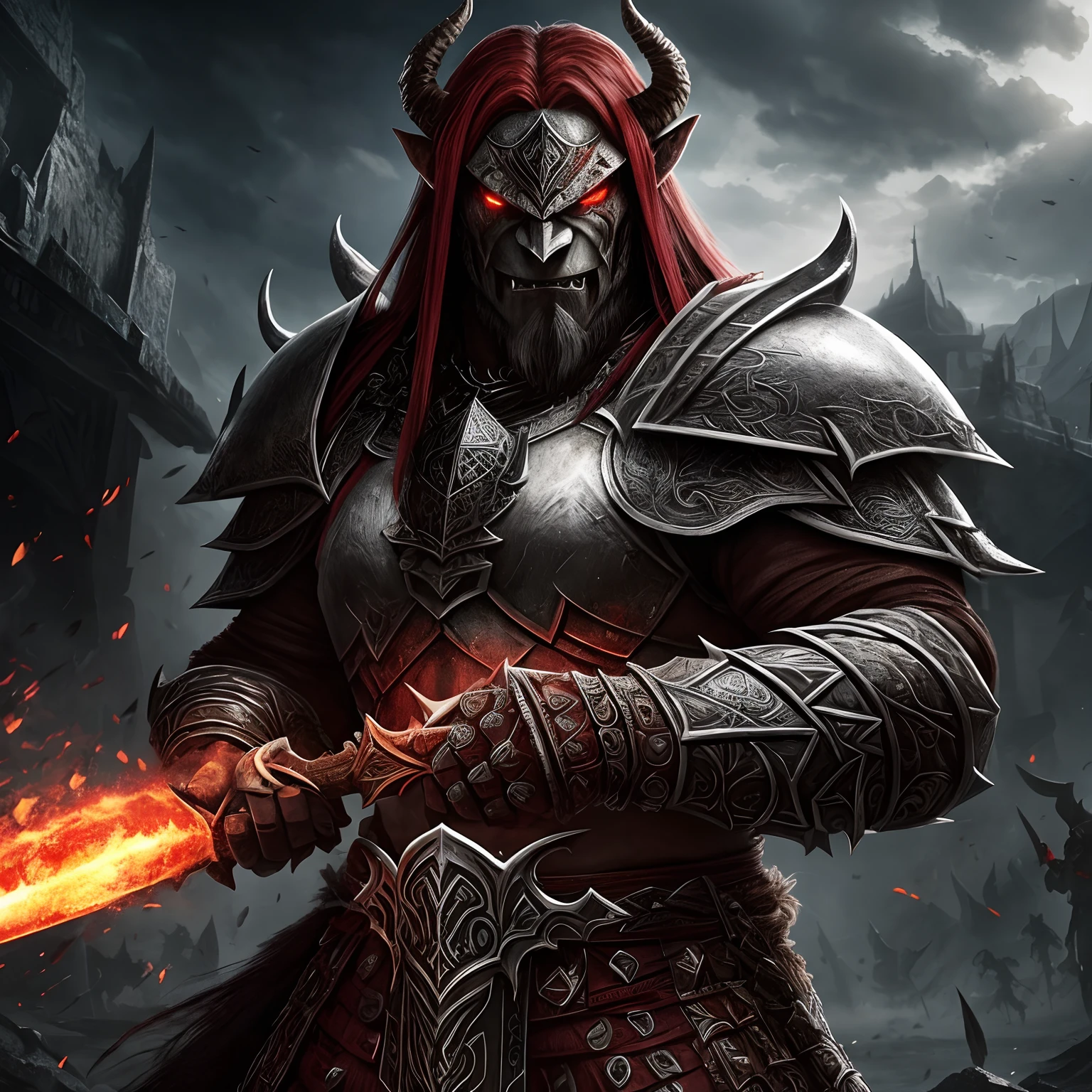 armadura, Berserker, Barbarian orc, Arte de Fantasia, of his gaze alone enemies beginning to panic, one head, devilish smile, besta do inferno, demonio, White Fire Sky, guerreiro, com foice e escudo, lindo, orcs, Werelion, Long red braided hair, olhos dourados brilhantes, realista, altamente detalhados, Motor irreal, 8k de luxo