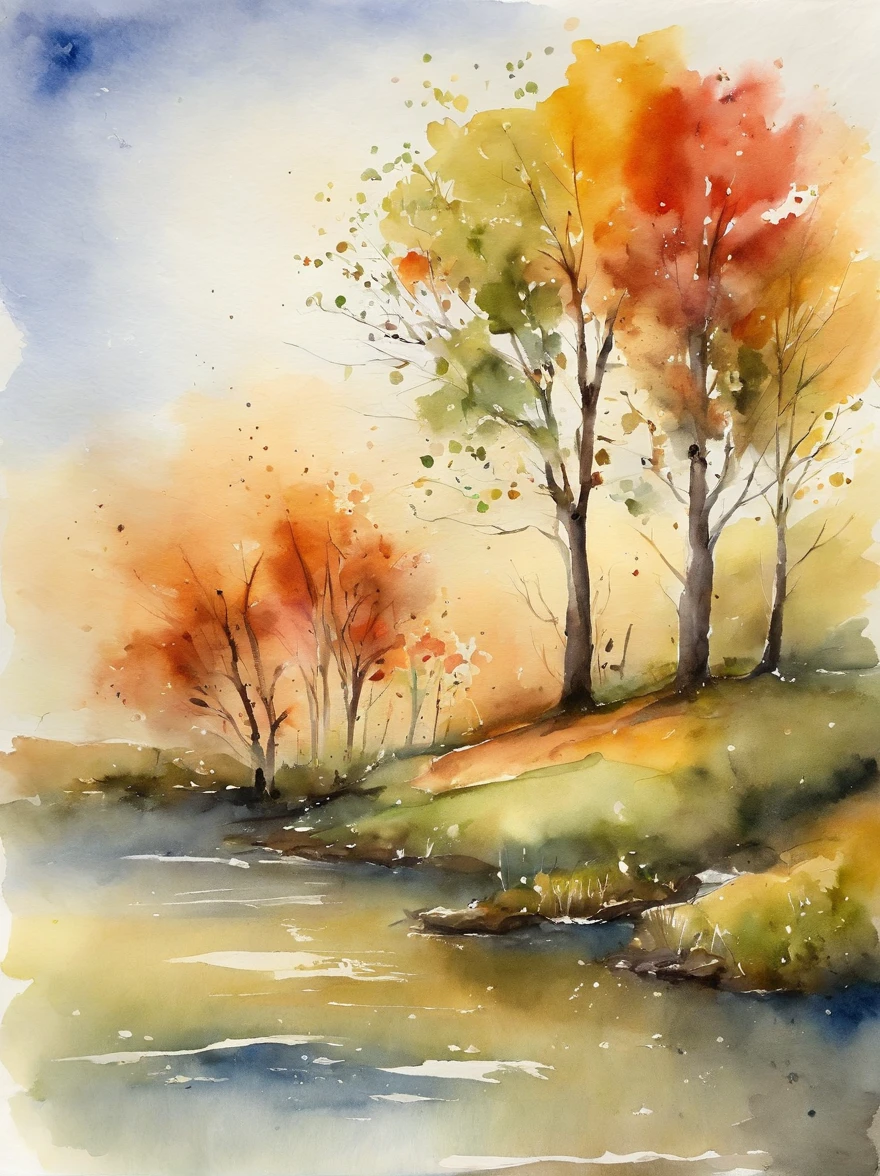 Watercolor painting depicting the song 4 seasons by composer Vivaldi: : trending on ArtStation: : Simple composition creates a sense of order and harmony. A pintura captura as qualidades espirituais do mundo natural. --uplight --ar 9:16