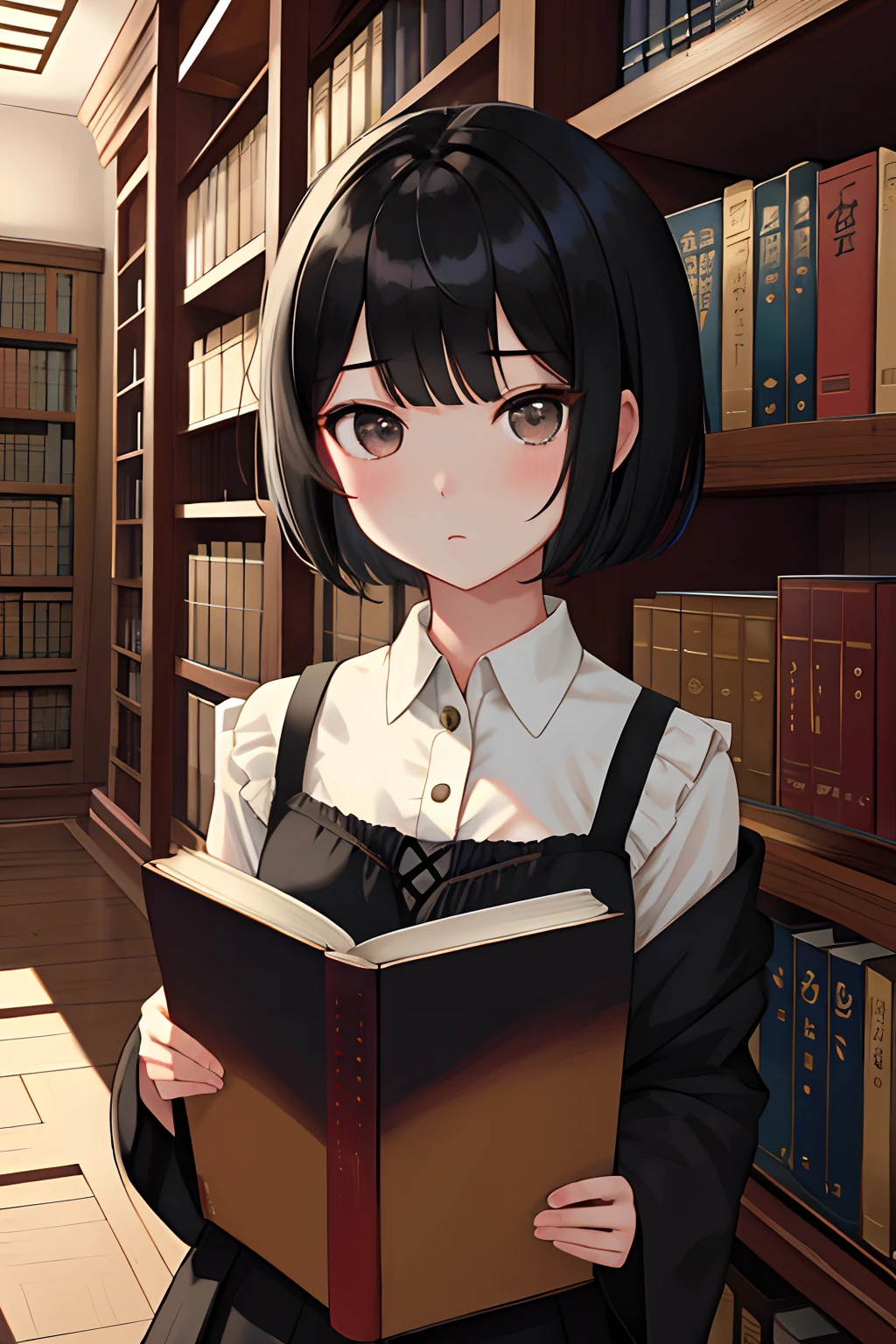 Masterpiece,Best Quality,1girl, 独奏, black short hair,library,expressionless,s face,bookshelf,a gorgeous,passage