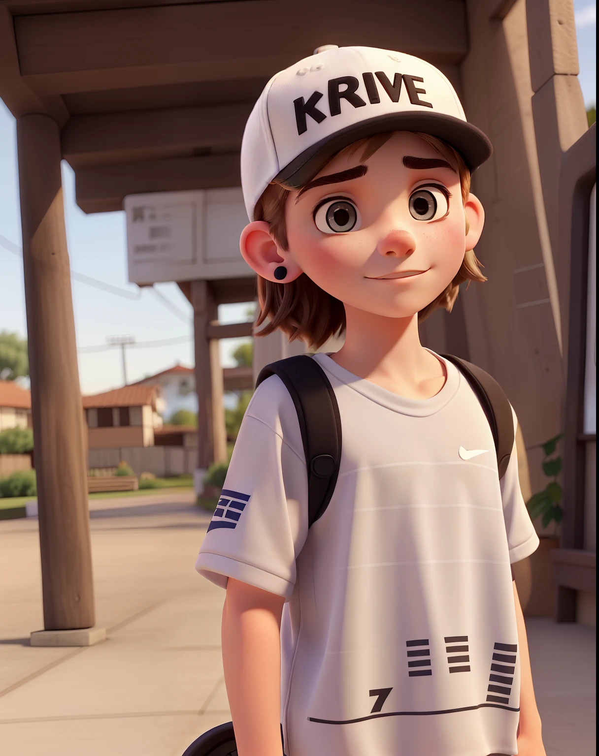 A young 17-year-old white ??? with a little forward ear, beautiful eyebrows, well made with scratch and with a skater cap with a loose Nike blouse
