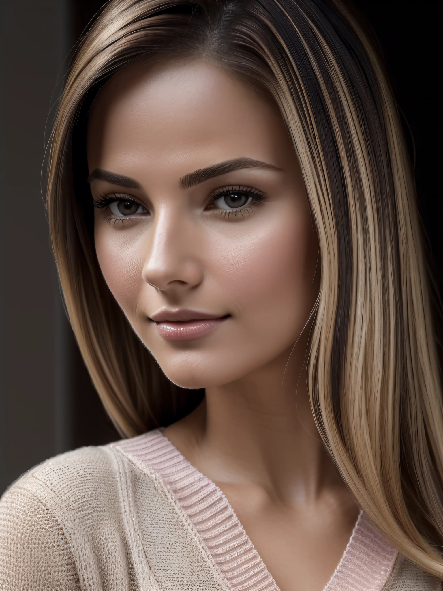 (((Masterpiece))+Realistic), (Beautiful+attractive+symmetric+sensual+(elegant)+(feminine)+(clean+skin)+(nerd:0.8)), European business woman, tanned+white+scandinavian skin color, ((round))+(young Jennifer+Morrison:0.1) face, (weavy+straight)+((blonde+ash)+brown+highlights) hair, small forehead, small+arched eyebrows, (((almond))+(((dark brown)))+(sensual+elegant) eyes, small+(rounded)+((narrow+nose-bridge))+(extremly beautiful) nose, (round)+((feminine)) cheeks, ((feminine))+(light+pink) lips, rounded jaw, (curve:0.7) body, wearing beautiful (pink+transparent:0.5) half+open (lace+cardigan), at+photoshoot, (full-length portrait), ((eyes+looking+into+the+camera))