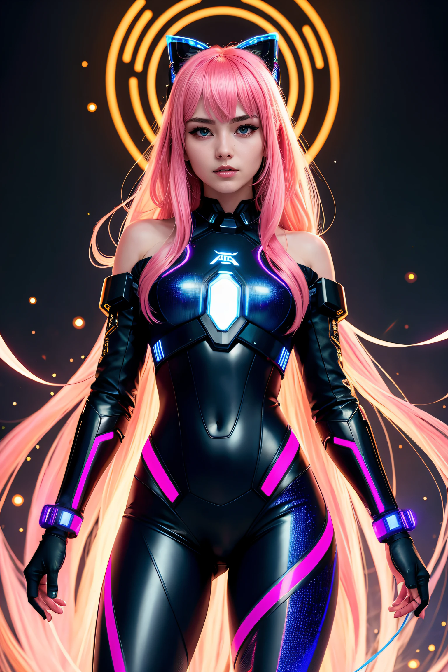 high quality, 8K Ultra HD, full body, have a cyber saber, a mesmerizing 20-year-old woman with a futuristic beauty that seems to transcend time and space, intricately woven into her very being, encased in the cybernetic suit, move with fluidity and precision, Her flowing hair resembles streams of neon lights, casting a vibrant glow that adds a touch of cyberpunk brilliance to her appearance, Each strand of hair is meticulously crafted with holographic patterns that shimmer and shift, creating an ever-changing display of colors, by yukisakura, highly detailed,