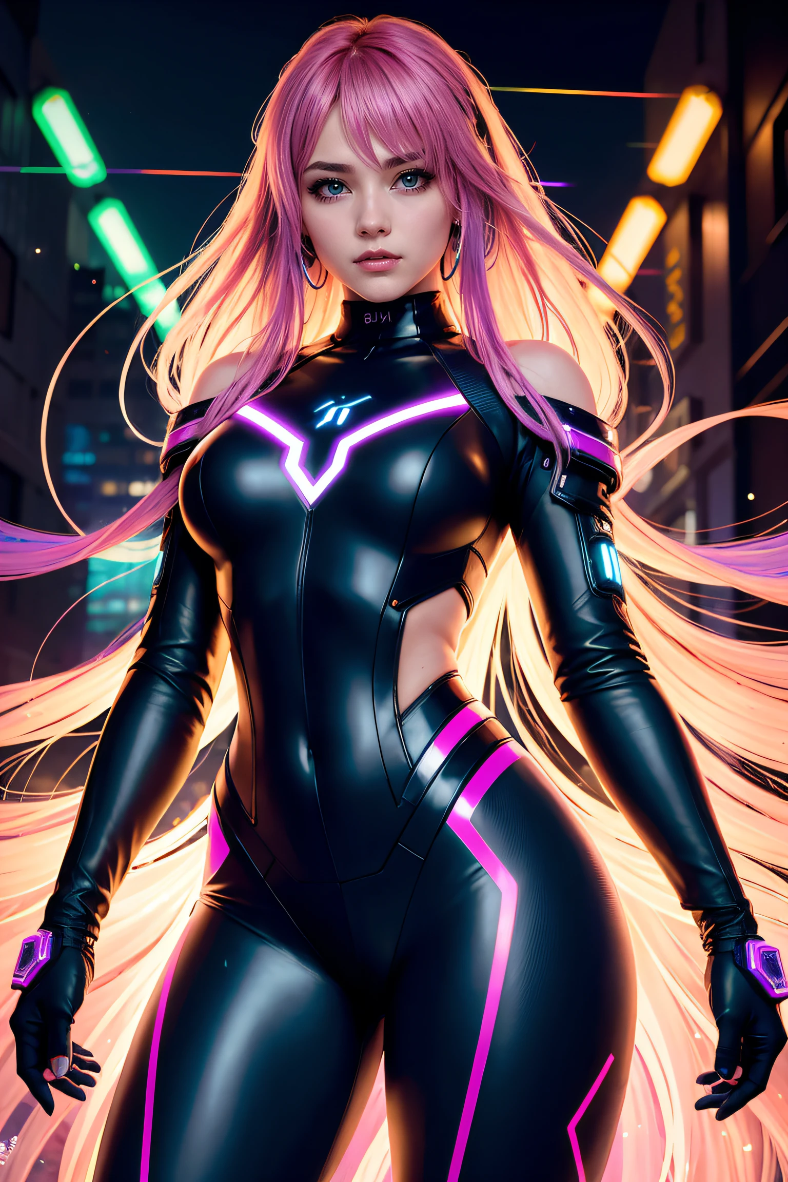 high quality, 8K Ultra HD, full body, have a cyber saber, a mesmerizing 20-year-old woman with a futuristic beauty that seems to transcend time and space, intricately woven into her very being, encased in the cybernetic suit, move with fluidity and precision, Her flowing hair resembles streams of neon lights, casting a vibrant glow that adds a touch of cyberpunk brilliance to her appearance, Each strand of hair is meticulously crafted with holographic patterns that shimmer and shift, creating an ever-changing display of colors, by yukisakura, highly detailed,