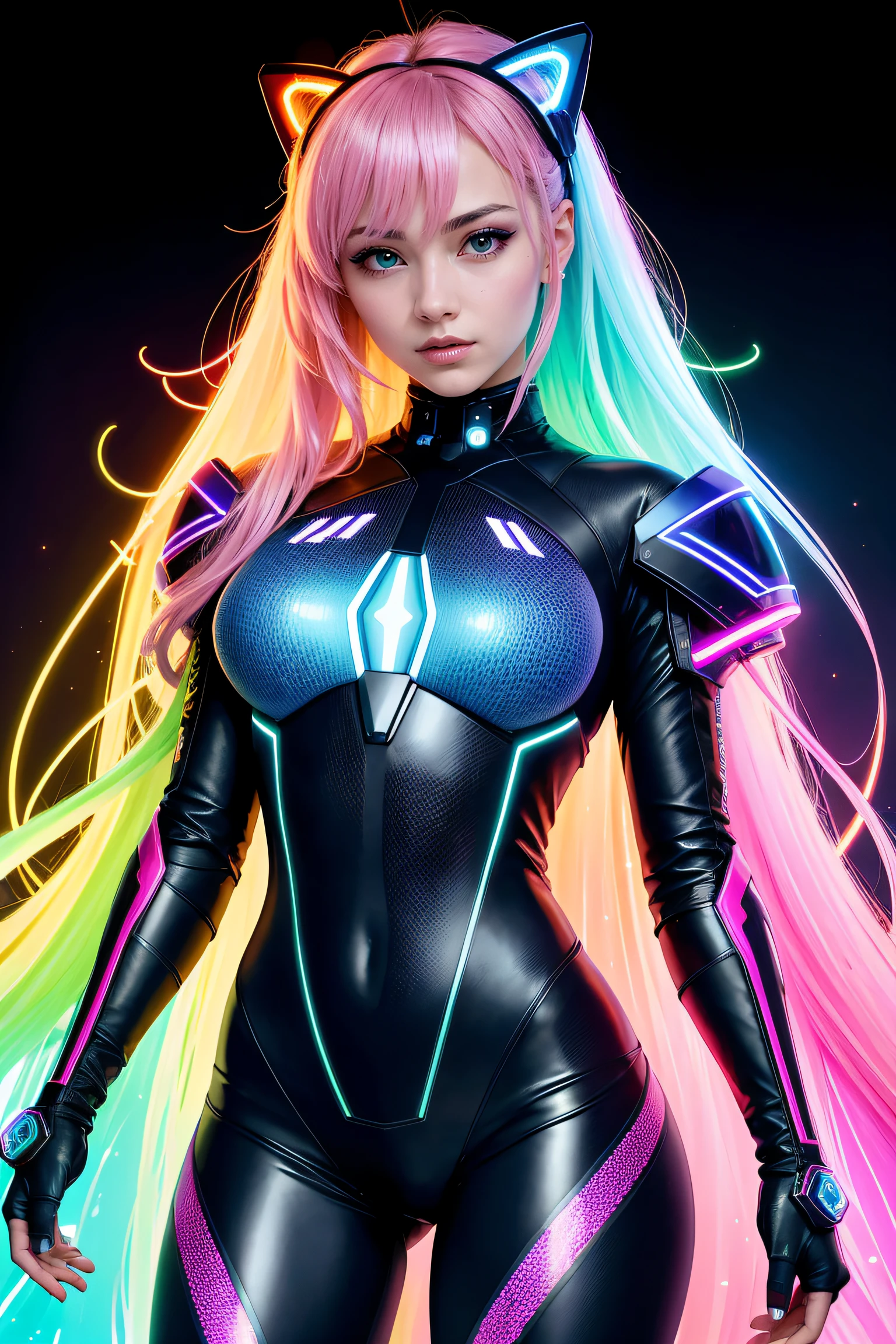 high quality, 8K Ultra HD, full body, have a cyber saber, a mesmerizing 20-year-old woman with a futuristic beauty that seems to transcend time and space, intricately woven into her very being, encased in the cybernetic suit, move with fluidity and precision, Her flowing hair resembles streams of neon lights, casting a vibrant glow that adds a touch of cyberpunk brilliance to her appearance, Each strand of hair is meticulously crafted with holographic patterns that shimmer and shift, creating an ever-changing display of colors, by yukisakura, highly detailed,