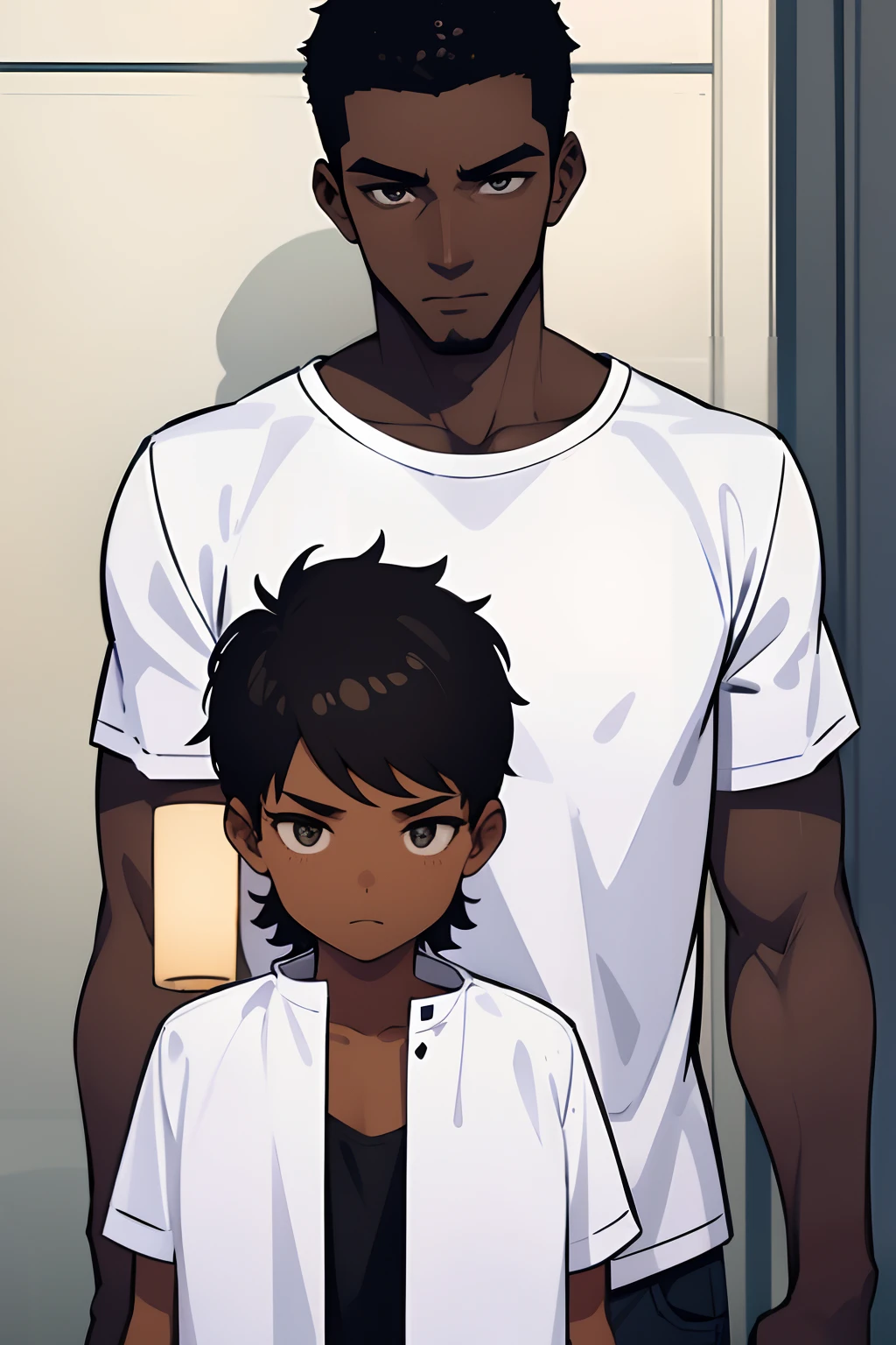 two tall men, dark skin, faces hidden, white t-shirt