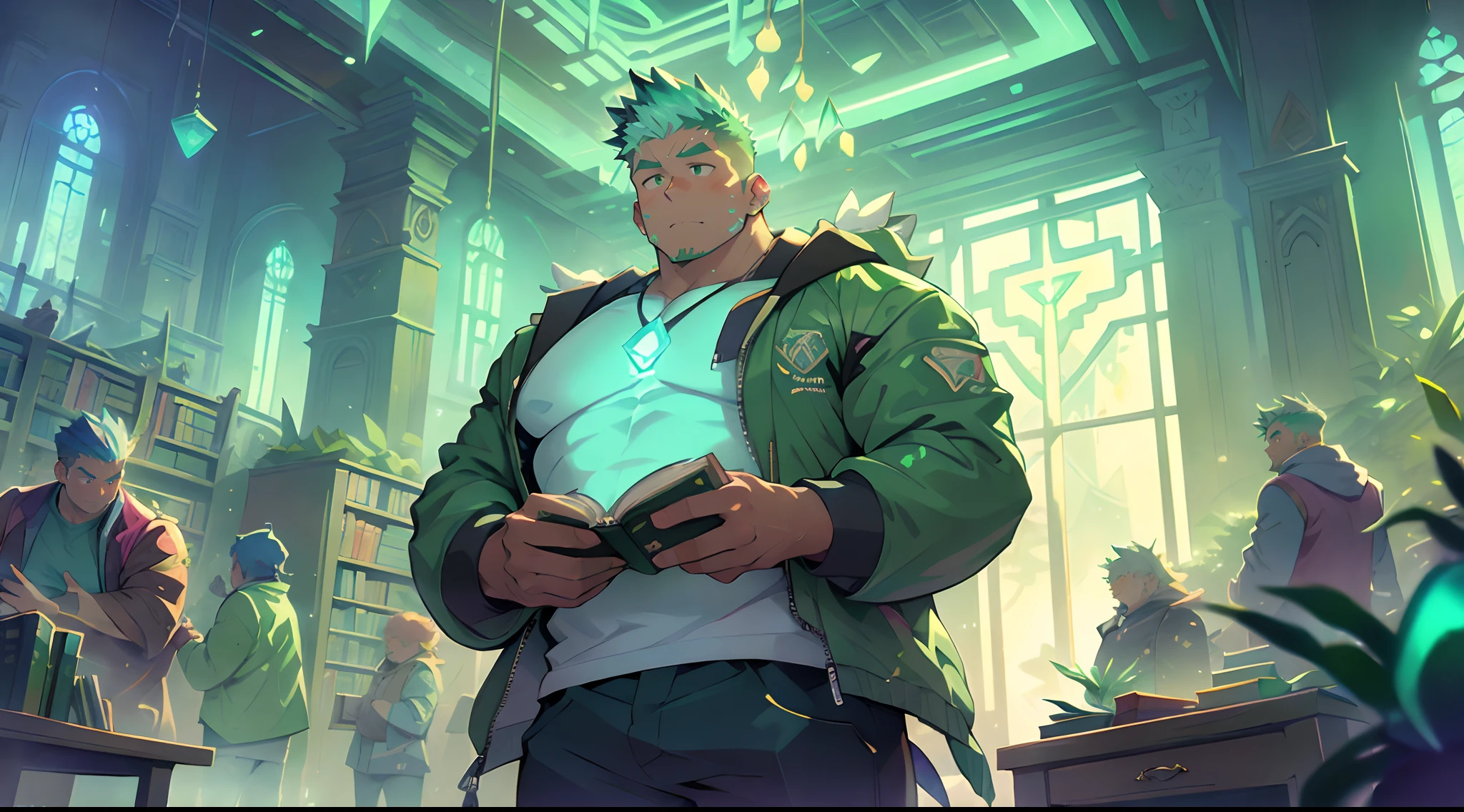 skyscraper colorful neon lights effects, ancient library for botanical magic in forest of crystal s.t. ivy mint olive fern sage moss bamboo clover eucalyptus, kawaii moe anime 8K, undercut, faux hawk, Ivory babyface super buff muscular slayer wear sci-fi jacket on shirtless hunky body, ton of books, trending on pixiv, kawaii moe anime