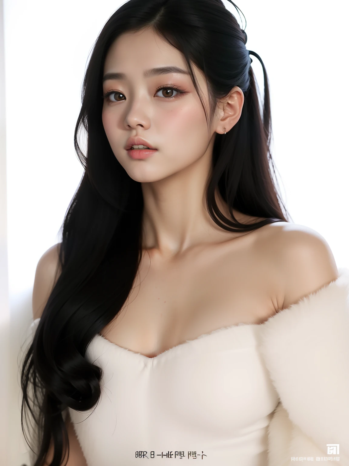 um close up de uma mulher com longos cabelos pretos usando um vestido branco, Retrato Jisoo Blackpink, gorgeous chinese model, jia, Gongbi, Jisoo do Blackpink, jennie blackpink, linda mulher coreana jovem, Sha Xi, Mulher sul-coreana bonita, jisoo do blackpink, inspirado por Tang Yifen, mulher coreana jovem bonita, Realistic. Cheng Yi, branco hime corte penteado