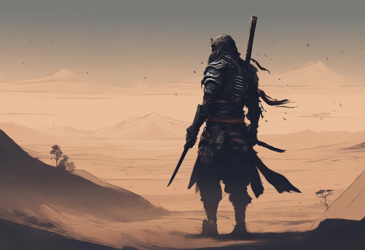 Post-apocalyptic wars, Tons de branco, Preto, Um deserto , Sombreamento, atmosfera sombria, Escura, ((Noite)), A amplitude da paisagem, capa do livro,deserto,,Roupas de Shabby,Patches,Armadura samurai enferrujada,samurais,masks。