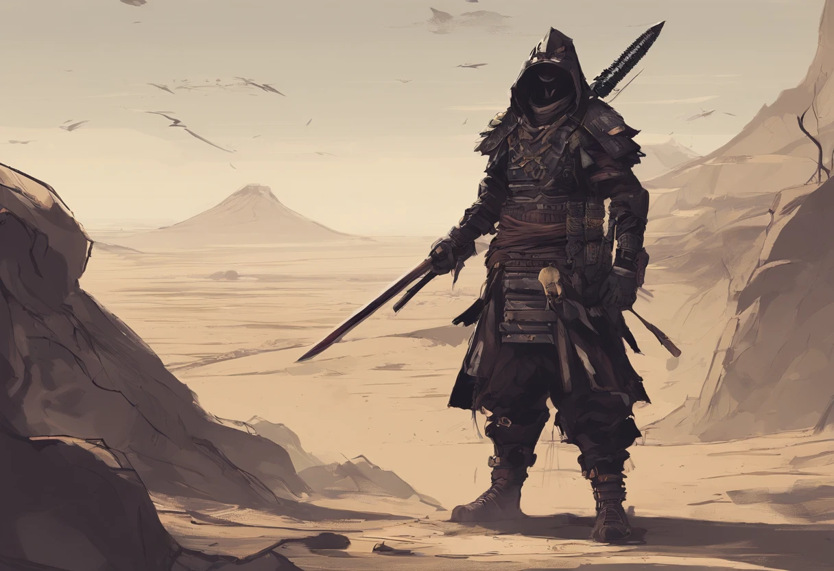 Post-apocalyptic wars, Tons de branco, Preto, Um deserto , Sombreamento, atmosfera sombria, Escura, ((Noite)), A amplitude da paisagem, capa do livro,deserto,,Roupas de Shabby,Patches,Armadura samurai enferrujada,samurais,masks。