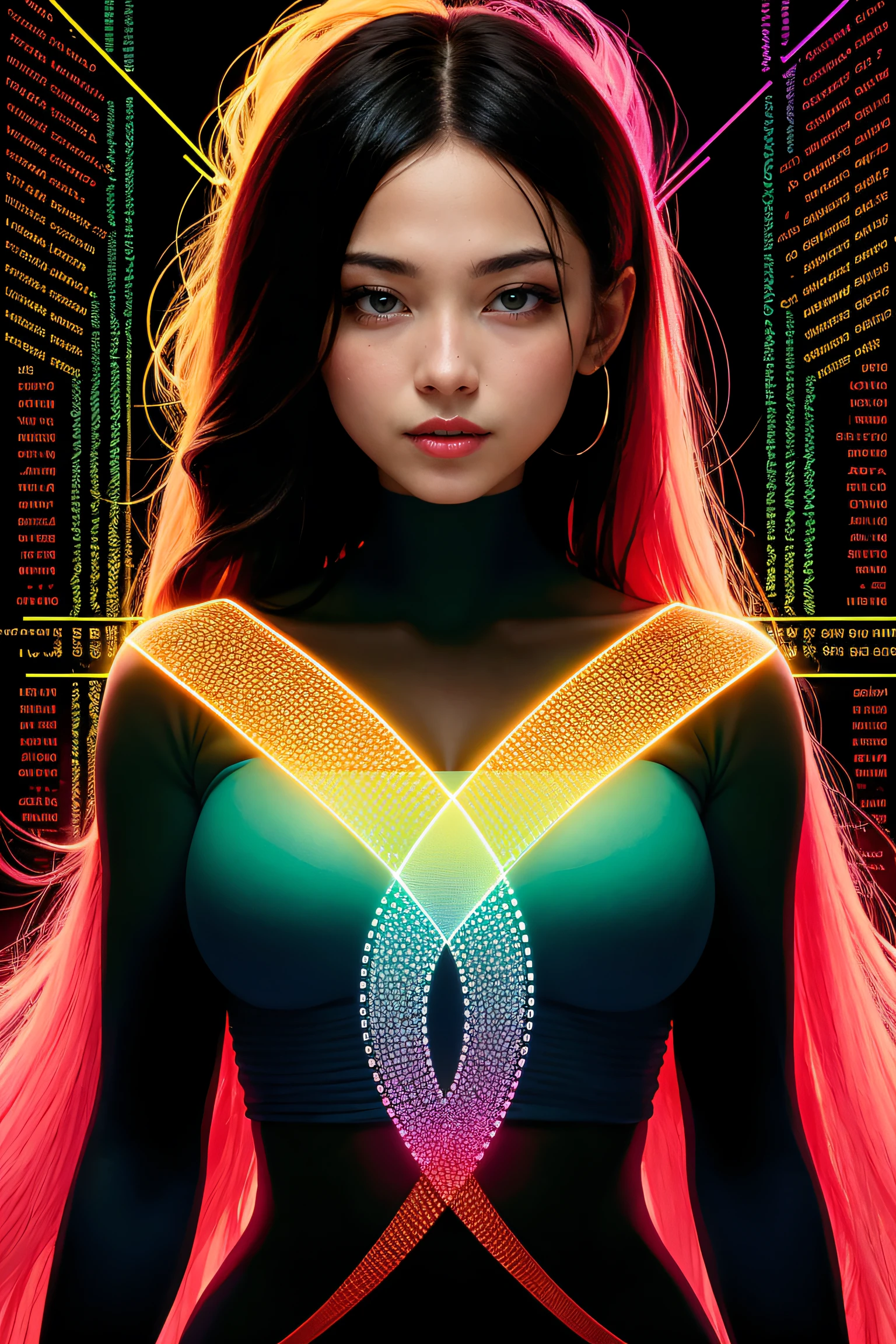 high quality, 8K Ultra HD, Imagine a vibrant canvas illuminated by a cascade of colorful binary code, forming the silhouette of a captivating woman, The dynamic lines and patterns, reminiscent of a digital dance, weave together to create a harmonious fusion of technology and art, The binary code, in hues ranging from electric blues to radiant reds and vivid greens, breathes life into the woman's form, Her silhouette emerges as a synthesis of the digital and the organic, a testament to the seamless integration of technology and beauty in your masterful creation, by yukisakura, high detailed,