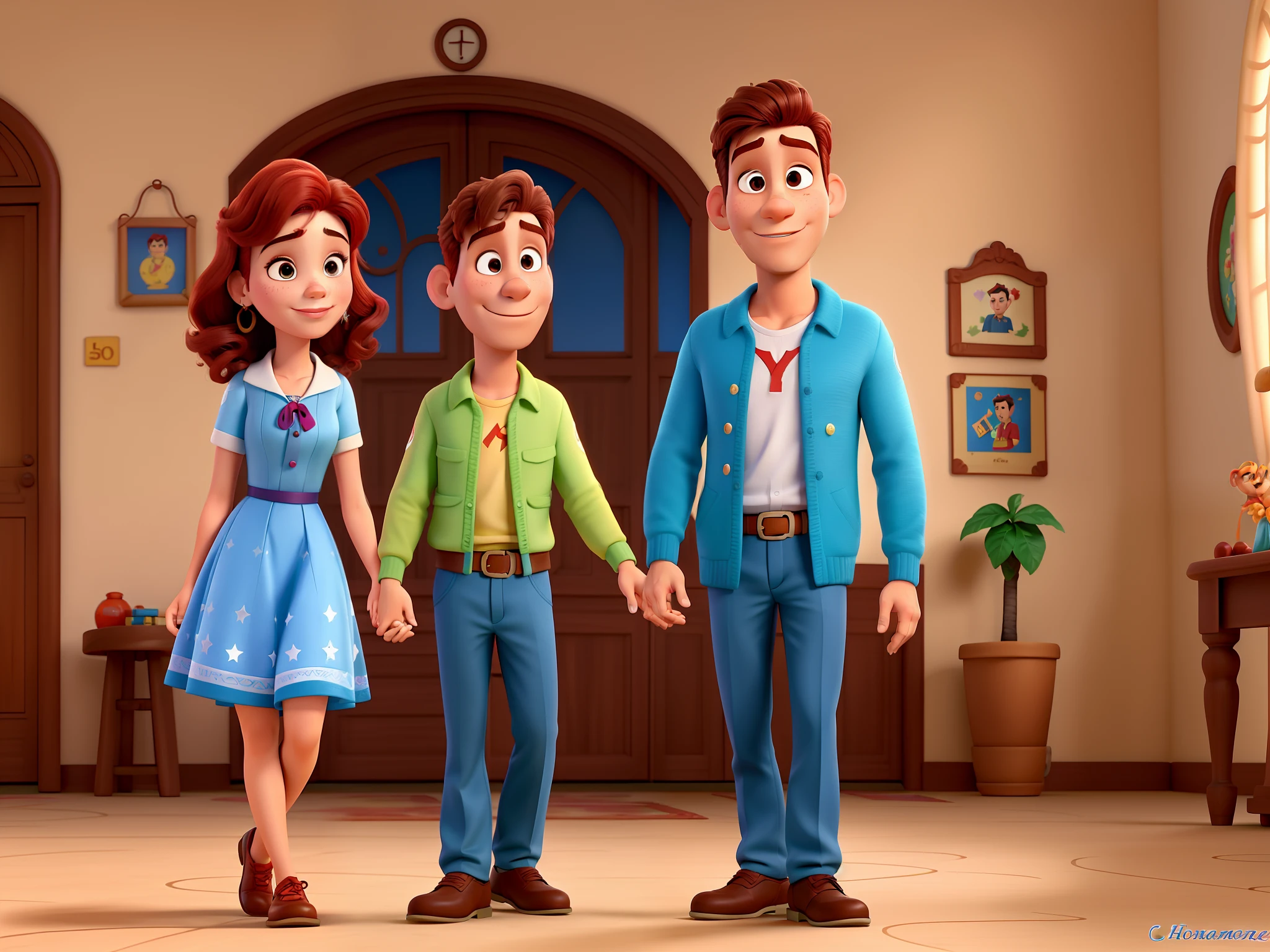 Casal (homem moreno e mulher branca) no estilo Disney Pixar, alta qualidade, melhor qualidade.