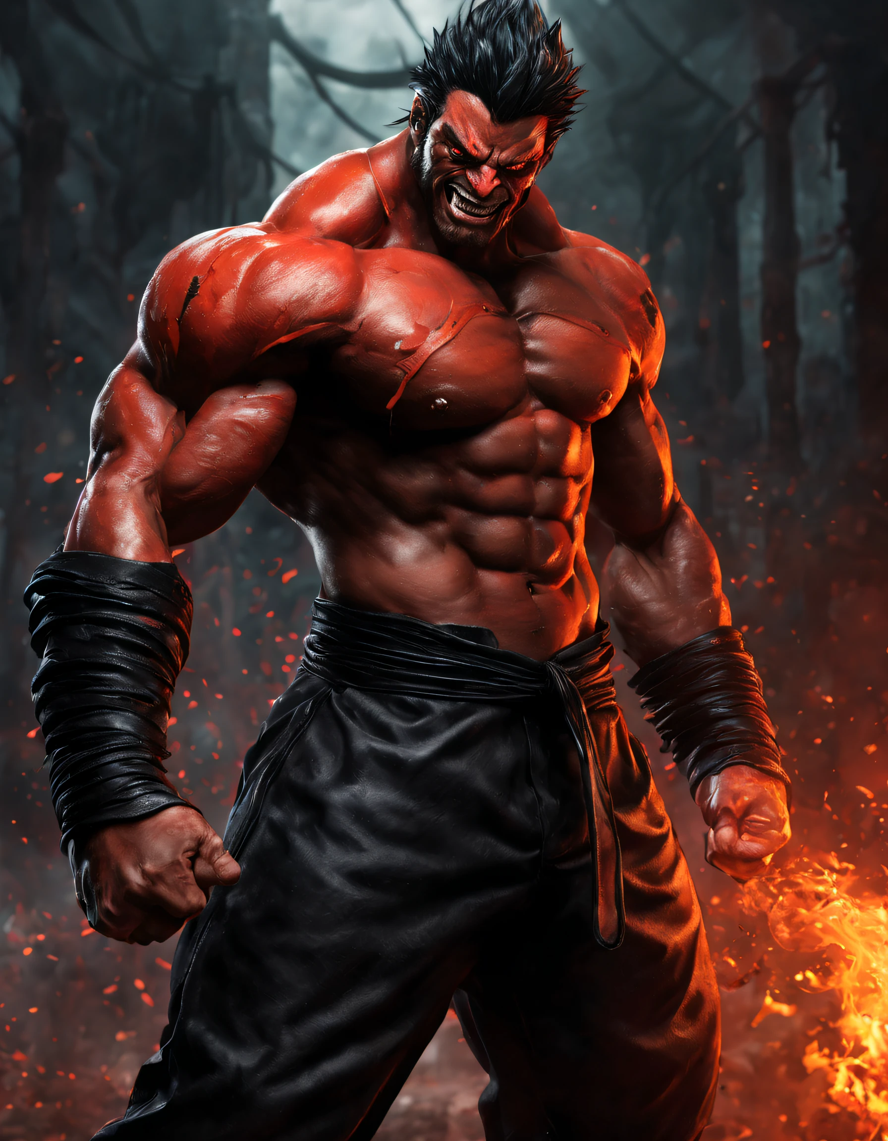 (8k, Foto RAW, best quality, master part), Ultra high resolution, (Realistic, photo-realistic), Simbionte personagem de anime, com cabelo preto soprando ao vento, Piercing and demonic red eyes like an arrogant and mysterious villain, He smiles sarcastically, as if he's having fun with his opponent's defeat, His body is huge and muscular, with well defined muscles, He's shirtless, Its body is covered in black, viscous material like a symbiote, The color of his skin resembles oil, The symbiote is like a second skin giving you strength and power, Ele tem uma faixa branca enrolada nos pulsos, The belt is dirty and torn, um sinal de seu treinamento intenso, He's wearing akuma fighter style karate pants Street Fighter game 5, His feet are bare, but they are strong and muscular, ele tem testosterona absurda!! todo o seu corpo com veias salientes harmonizando com a segunda pele do simbionte, He is an imposing and menacing character, A symbol of strength and invincibility, presas de veneno, postura de luta, Amazing Teeth, He's preparing for an attack or a threat, queixo ligeiramente inclinado para baixo, em pose arrogante e desafiadora, The background of the image is simple, dark orange hair