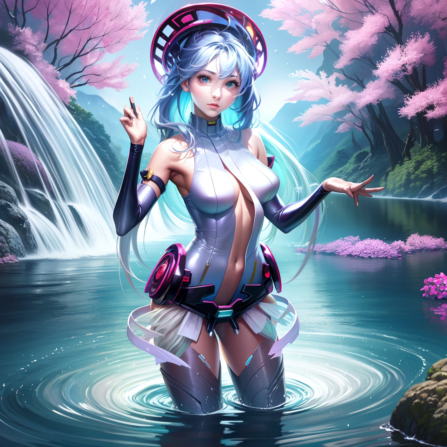 Arte Oficial、obra maestra、Modelado extremadamente delicado、highest qualityr、Fotorrealista、Imagen 8k、HiQuality、Mujer parecida a una diosa parada en la superficie del agua、fantasy、Ondas en la superficie del agua、Estilo perfecto、Vista trasera nudista、Artistically & Craftsmanship