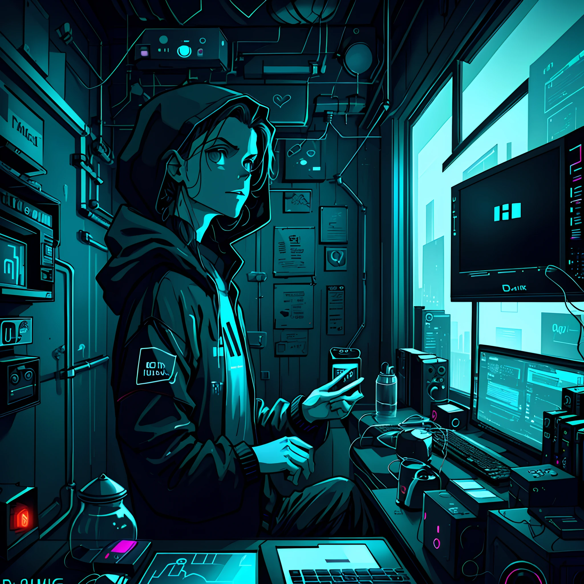 Hacker em um quarto com um computador o consumindo, Dark Colors Cinematic Style