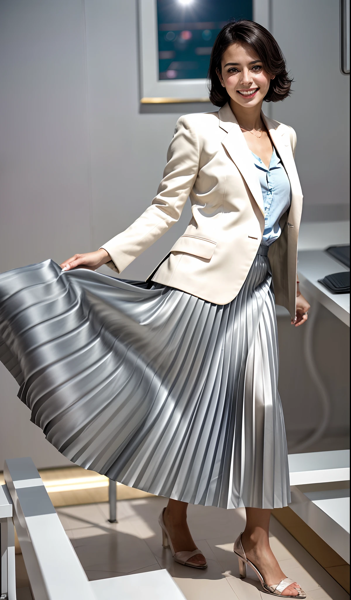 (shy:1,2) (smiling;1,1) woman playing with skirt, dancing, wearing short blazer and very very detailed (long (fully pleated) full circle skirt) and (simple) low heeled office shoes, very very intricate hyper-detailed symmetric (attractive graceful young feminine face) with (sad, tired eyes and a shy smile), large breasts, full of empathy and compassion and love, (pronounced (feminine) features), (highly detailed ultra accurate realistic) hands and fingers, (windy conditions and wind blowing), epic composition, highly detailed attributes, highly detailed space station background, (35mm f1.4 Kodak portra 400 photograph), extremely high quality RAW photograph,