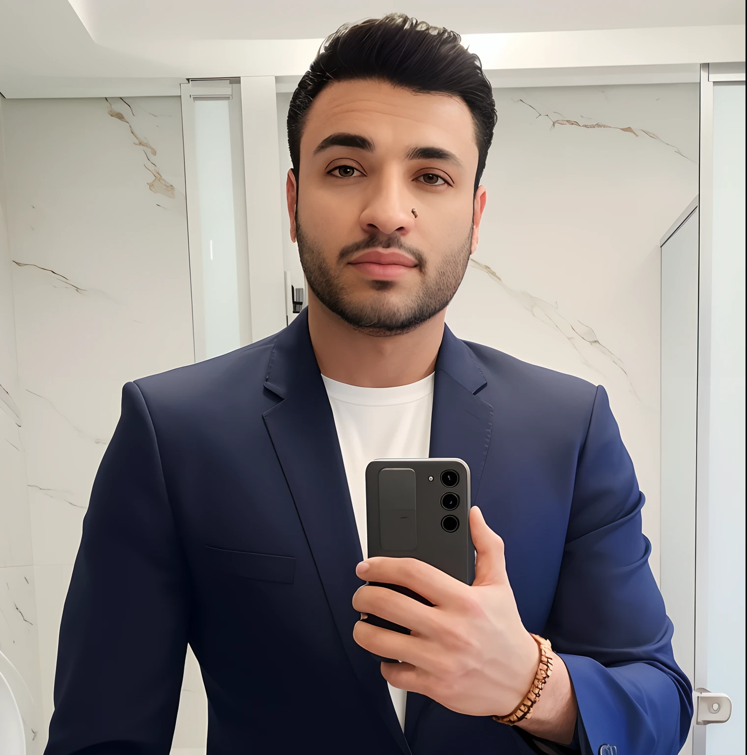 Homem de terno tirando uma selfie em um banheiro, victor maristane, Fotografia selfie 8k, with a business suit on, daniel mirante, Hicham Habchi, Condutor de Ene, imagem de qualidade muito baixa, Khyzyl Saleem, Anton Fadeev 8 K, inspired by Antônio Parreiras