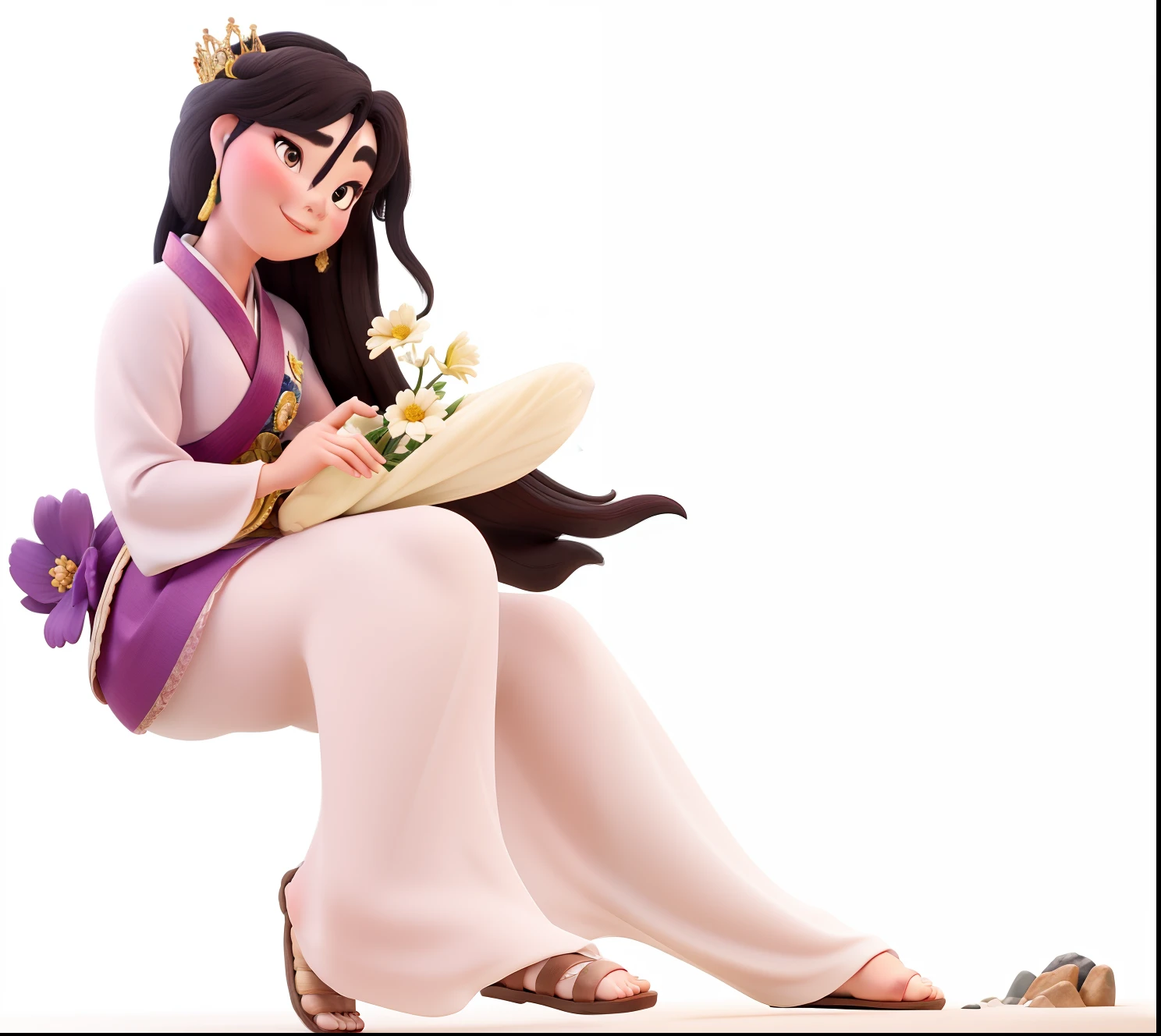Princesa Mulan original sentada em um pequeno banco de pedra com flores no gramado, com fundo branco