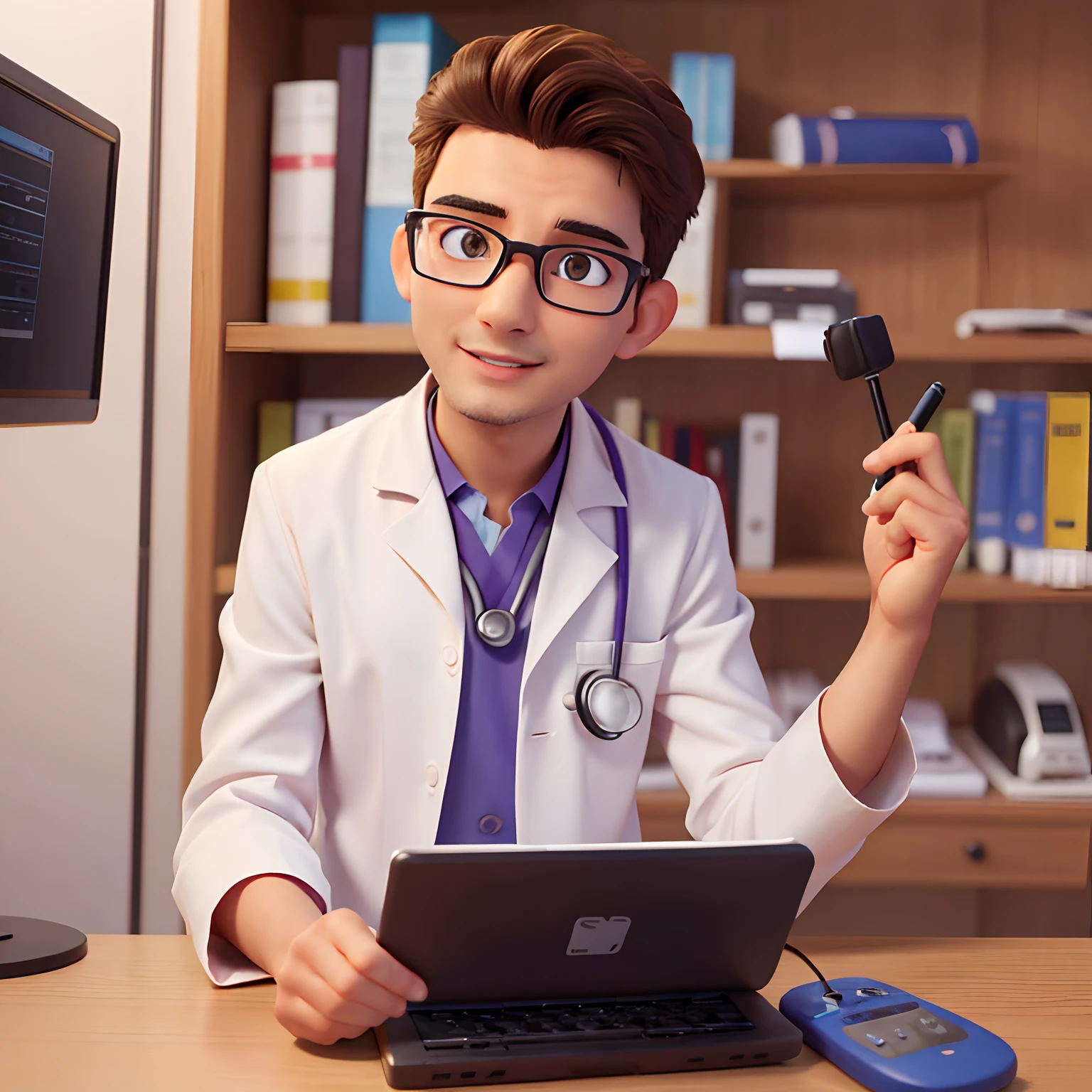 Man Doctor in Computer Science, olhos castanhos, glasses, Feliz, telemedicina