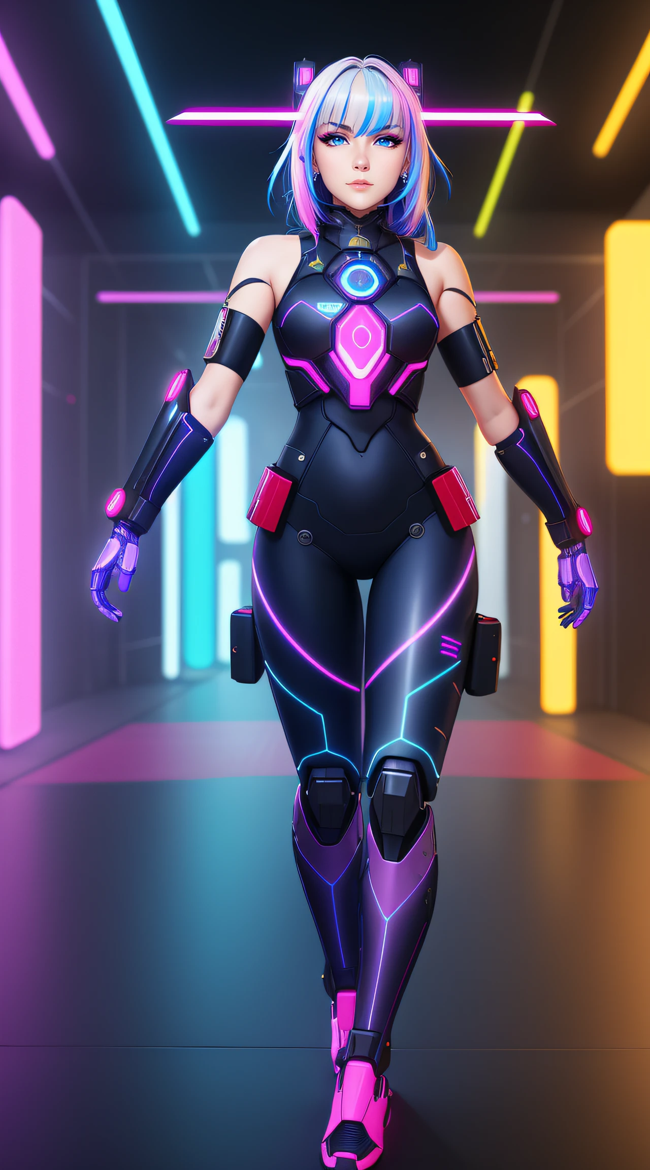  top quality , masterpiece,  realistic, 1 woman, Alone, Full body,  standing , Looking at viewer, alic , costume,  pink hair,  cropped jacket ,  Animal Ear Headphones ,  bodysuit ,  perfect for the body , socks, distance,  cyberpunk, Neon lights, night,  People ,  science fiction , 