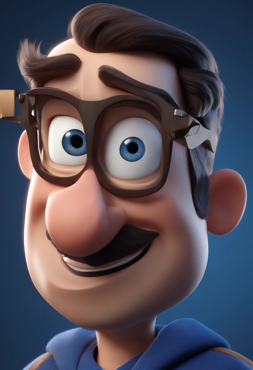 Cartoon character of a man with black glasses and a blue shirt, animation character, Caractere estilizado, animation style rendering, 3D estilizado, Arnold Maya render, 3 d render stylized, toon render keyshot, Personagem 3D, Personagem 3D, 3d rendering stylized, 3 d character render, personagem de desenho animado, Personagem de close up, Pose de personagem, (Estilo Pixar) (master part:1.2) (Bokeh) (best quality) (pele detalhada) (textura detalhada) (8k) (argila) (Cinematic lighting) (foco nítido