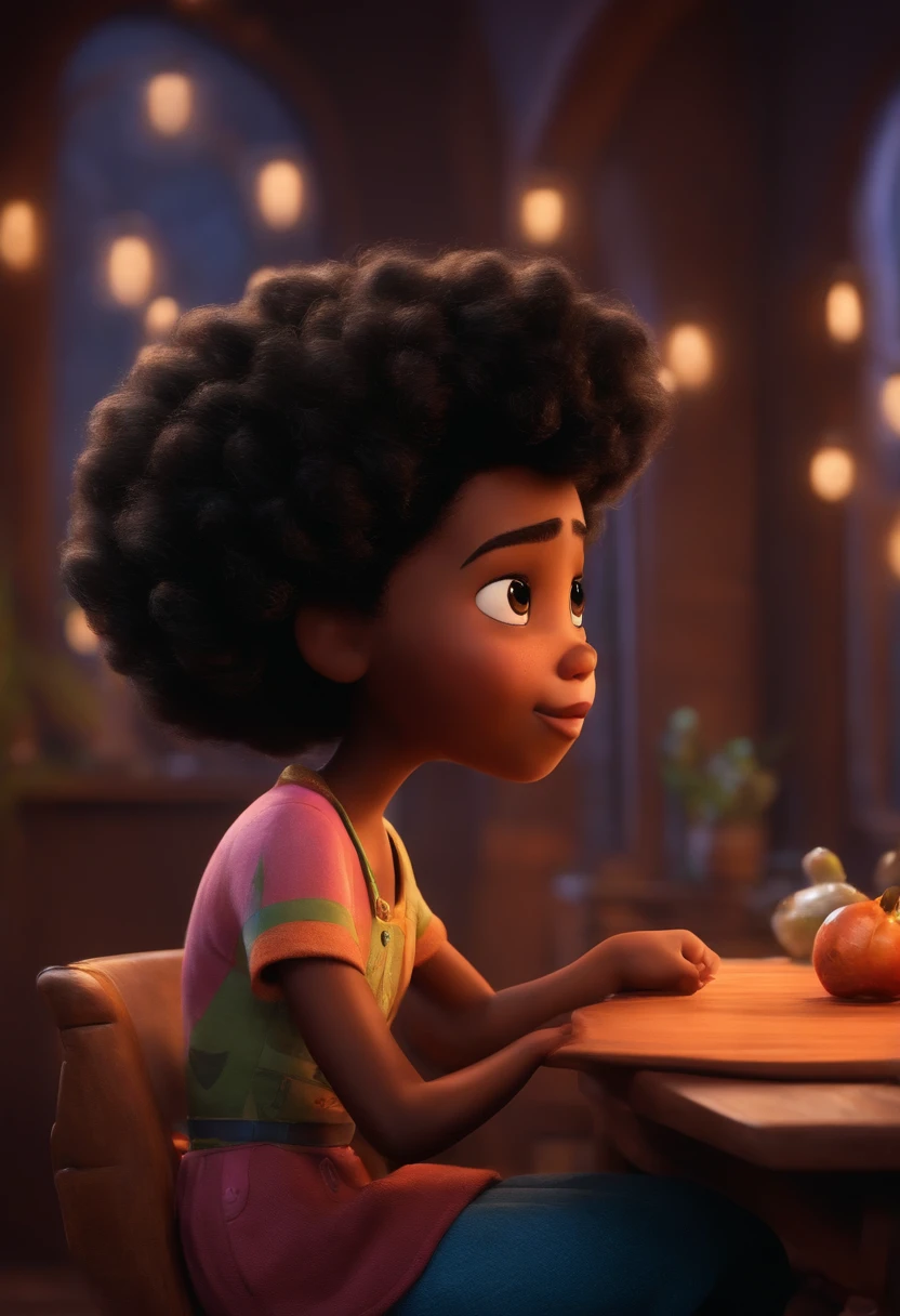 Um filme inspirado na Disney Pixar (MENINA NEGRA JOVEM COM CABELO LONGO CACHEADO PRETO) dentro A cena estar na arte distinta do estilo PIXAR, descolada e estilosa