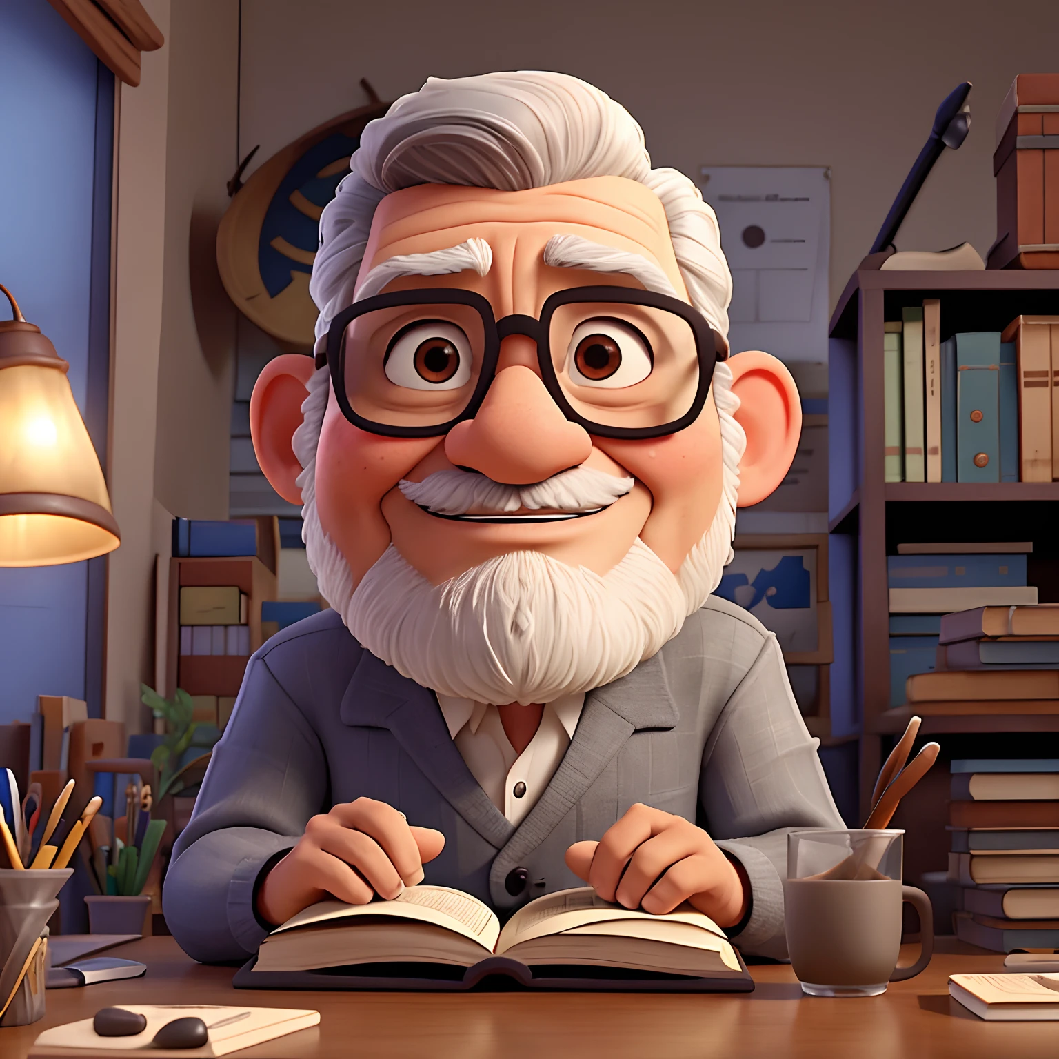 velho, inspirado na Disney Pixar, Inspirado pelo pastor ( Rubens Janeiro ) A gray-haired man wearing glasses in an office with a book on the table looking to the serious future, old man, cabelos grisalhos, um terno