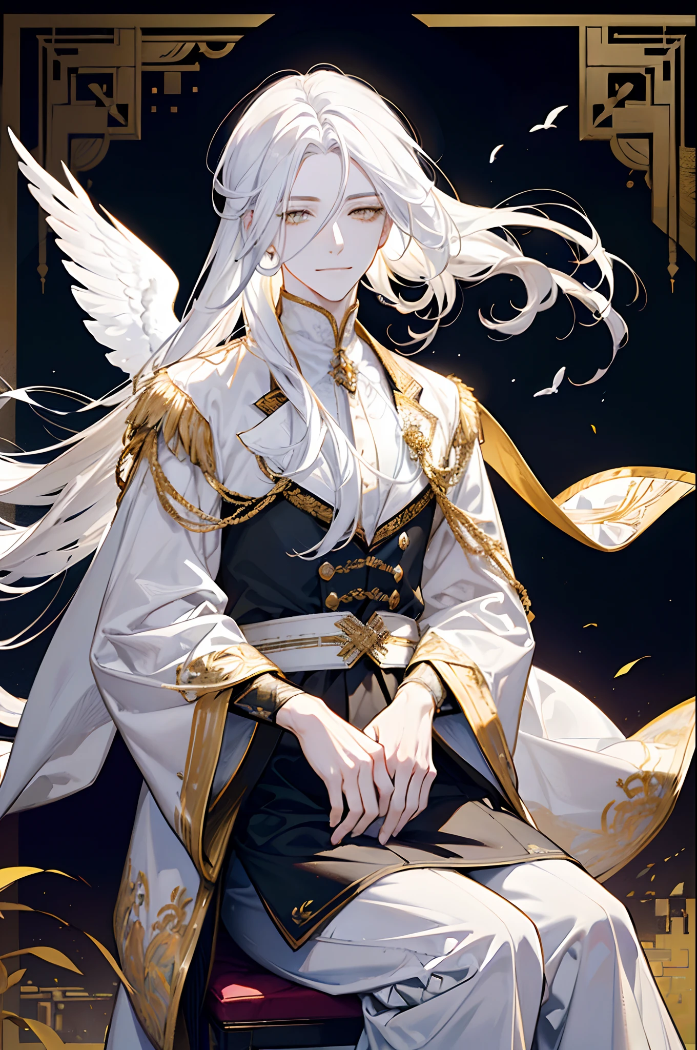 a man with long white hair, white eyelashes, yellow eyes, half closed eyes, white eyebrows, smiling, wind, white palace background, doves, bloom, depth of field, elegant, sitting down, wearing a white blouse, gold bangles