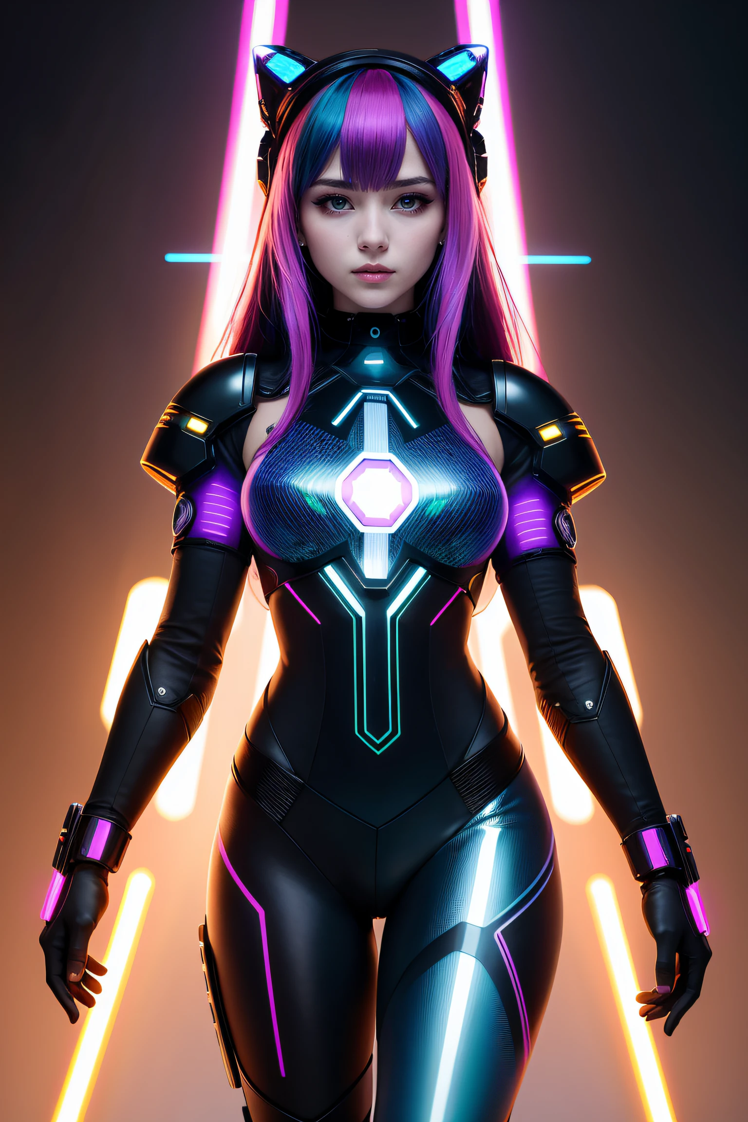 savage girl. Anthropomorphic beautiful - looking cyborg girl. Detailed visualization flashy corridoor light show bright rbg lights insane incarnate details cybersex rough sex