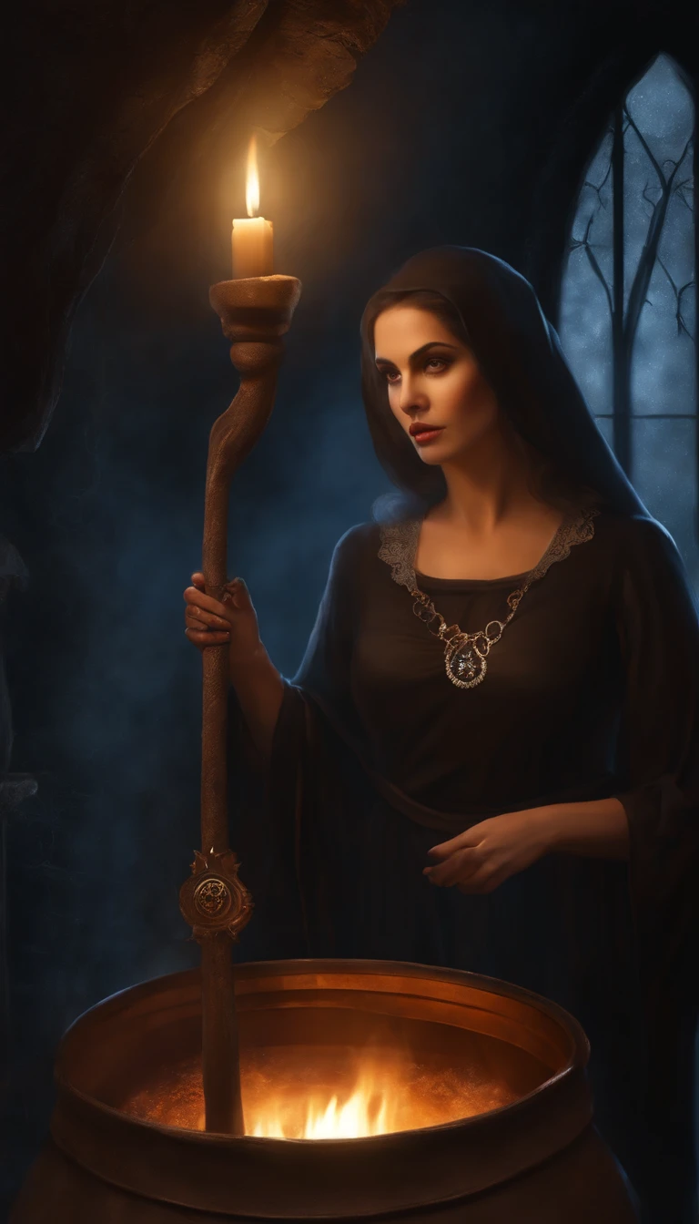 Em uma noite de lua cheia, in a room lit only by the soft silvery light shining through a tall, narrow window, A powerful witch stands before a cast-iron cauldron. She wears a long, dark robe adorned with mystical symbols, And on the top of your head, ela usa um chapeu pontudo, Characteristic of witches. Os cabelos da bruxa caem em cachos prateados sobre seus ombros, And your eyes sparkle with a magical intensity. In one of your hands, ela segura uma varinha de madeira entalhada, That she skilfully shakes over the cauldron. The liquid inside the cauldron begins to bubble and emit an ethereal light, Creating a bewitched atmosphere in the room.