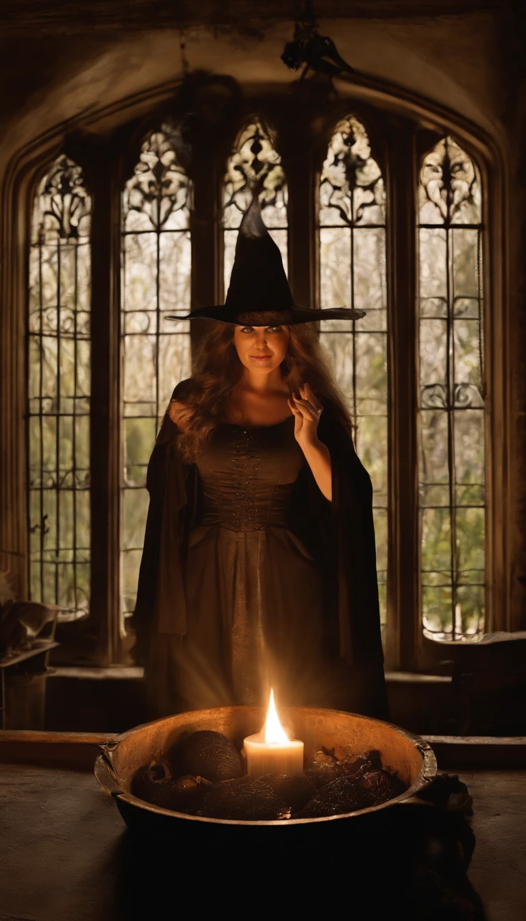 Em uma noite de lua cheia, in a room lit only by the soft silvery light shining through a tall, narrow window, A powerful witch stands before a cast-iron cauldron. She wears a long, dark robe adorned with mystical symbols, And on the top of your head, ela usa um chapeu pontudo, Characteristic of witches. Os cabelos da bruxa caem em cachos prateados sobre seus ombros, And your eyes sparkle with a magical intensity. In one of your hands, ela segura uma varinha de madeira entalhada, That she skilfully shakes over the cauldron. The liquid inside the cauldron begins to bubble and emit an ethereal light, Creating a bewitched atmosphere in the room.