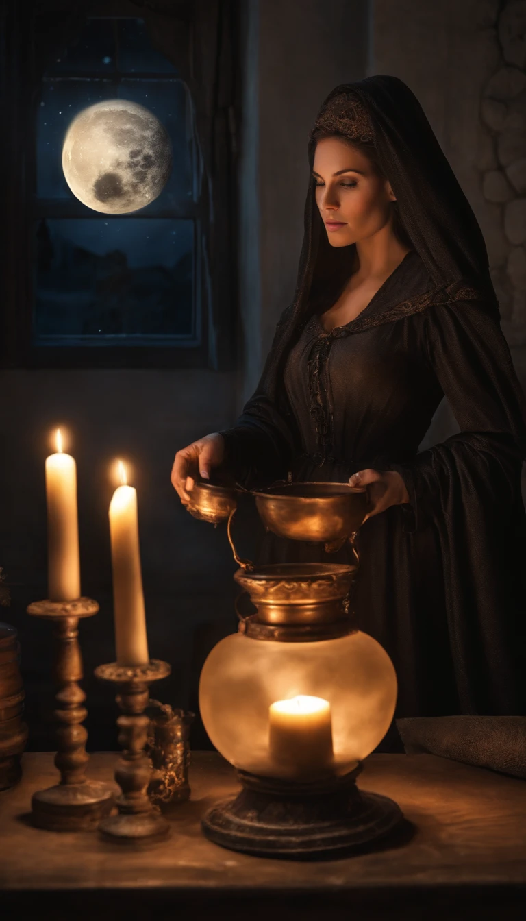 Em uma noite de lua cheia, in a room lit only by the soft silvery light shining through a tall, narrow window, A powerful witch stands before a cast-iron cauldron. She wears a long, dark robe adorned with mystical symbols, And on the top of your head, ela usa um chapeu pontudo, Characteristic of witches. Os cabelos da bruxa caem em cachos prateados sobre seus ombros, And your eyes sparkle with a magical intensity. In one of your hands, ela segura uma varinha de madeira entalhada, That she skilfully shakes over the cauldron. The liquid inside the cauldron begins to bubble and emit an ethereal light, Creating a bewitched atmosphere in the room.