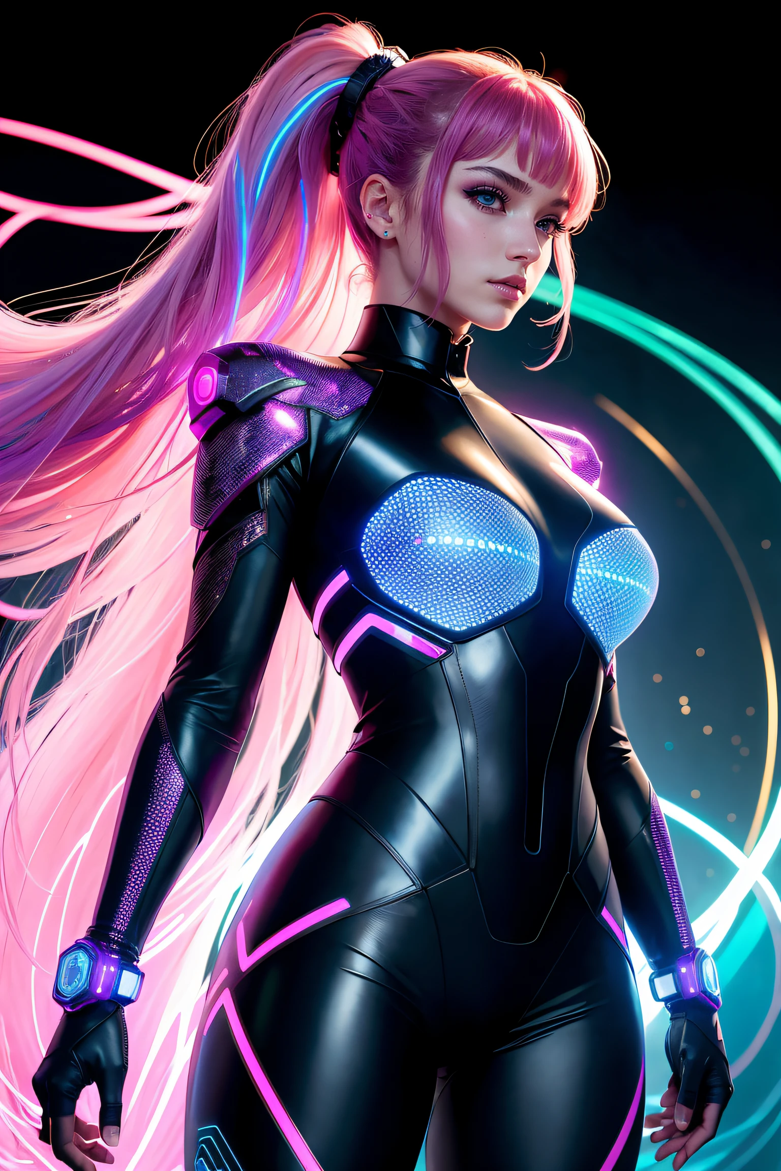 high quality, 8K Ultra HD, full body, have a cyber saber, a mesmerizing 20-year-old woman with a futuristic beauty that seems to transcend time and space, intricately woven into her very being, encased in the cybernetic suit, move with fluidity and precision, Her flowing hair resembles streams of neon lights, casting a vibrant glow that adds a touch of cyberpunk brilliance to her appearance, Each strand of hair is meticulously crafted with holographic patterns that shimmer and shift, creating an ever-changing display of colors, by yukisakura, highly detailed,