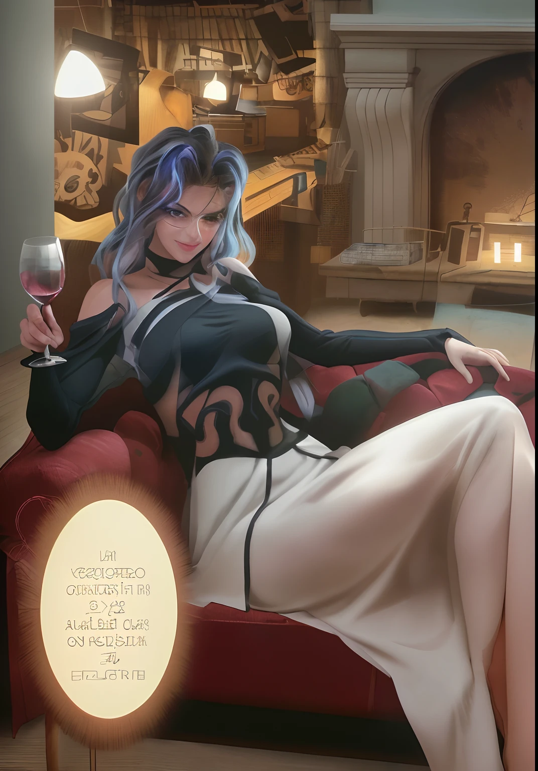 anime character sitting on a couch with a glass of wine, full color illustration, high quality colored sketch, female death holding a cocktail, neferpitou, in jojo\'s b, supervillain sorceress witch, full color digital illustration, color spread, colored lineart, noble woman, digitally colored